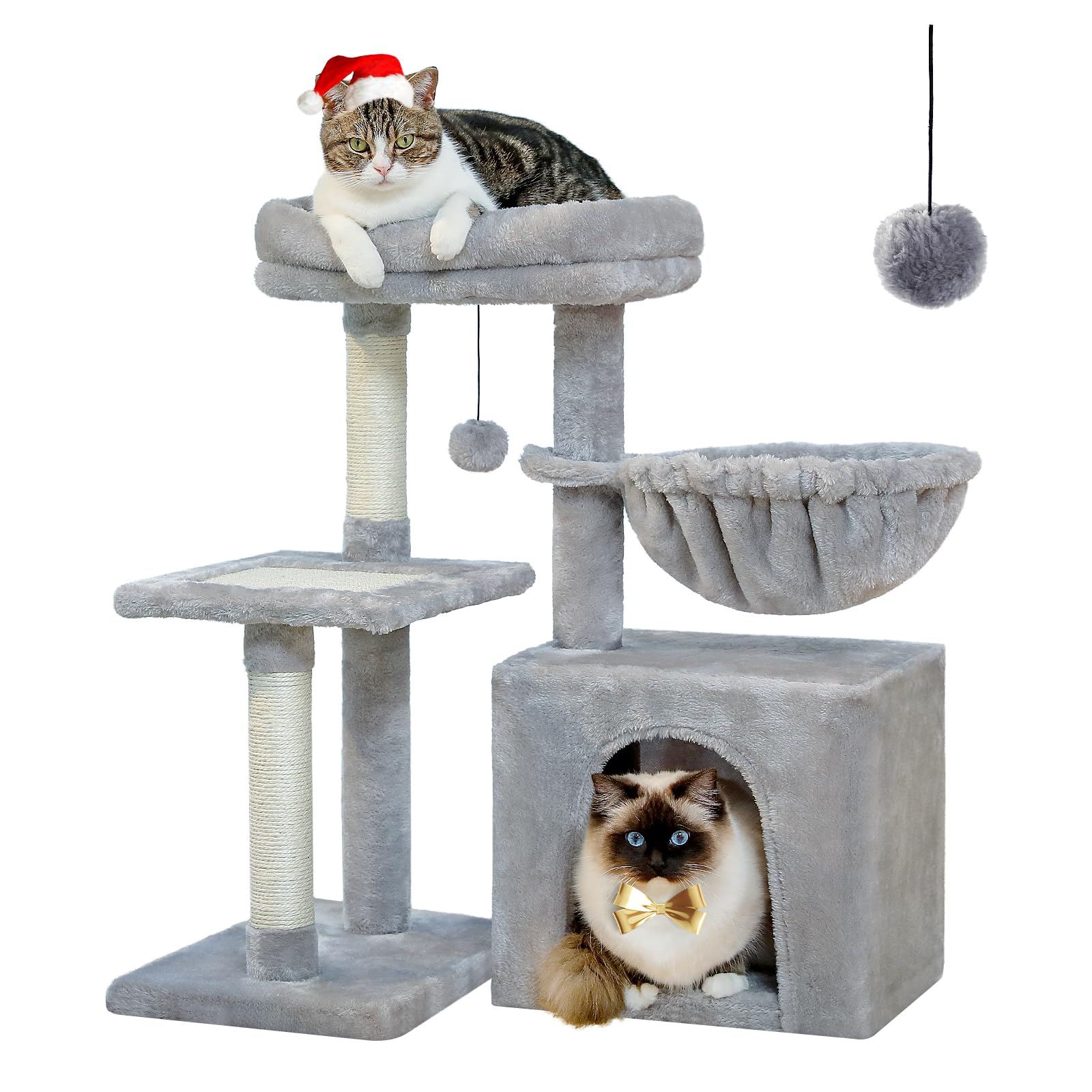 PEQULTI Small Cat Tree, [28.5''] Cat Tower for Indoor Cats, 2 Styles Activity Tree with Cat Scratching Posts, Big Hammock and Removable Top Perch Grey