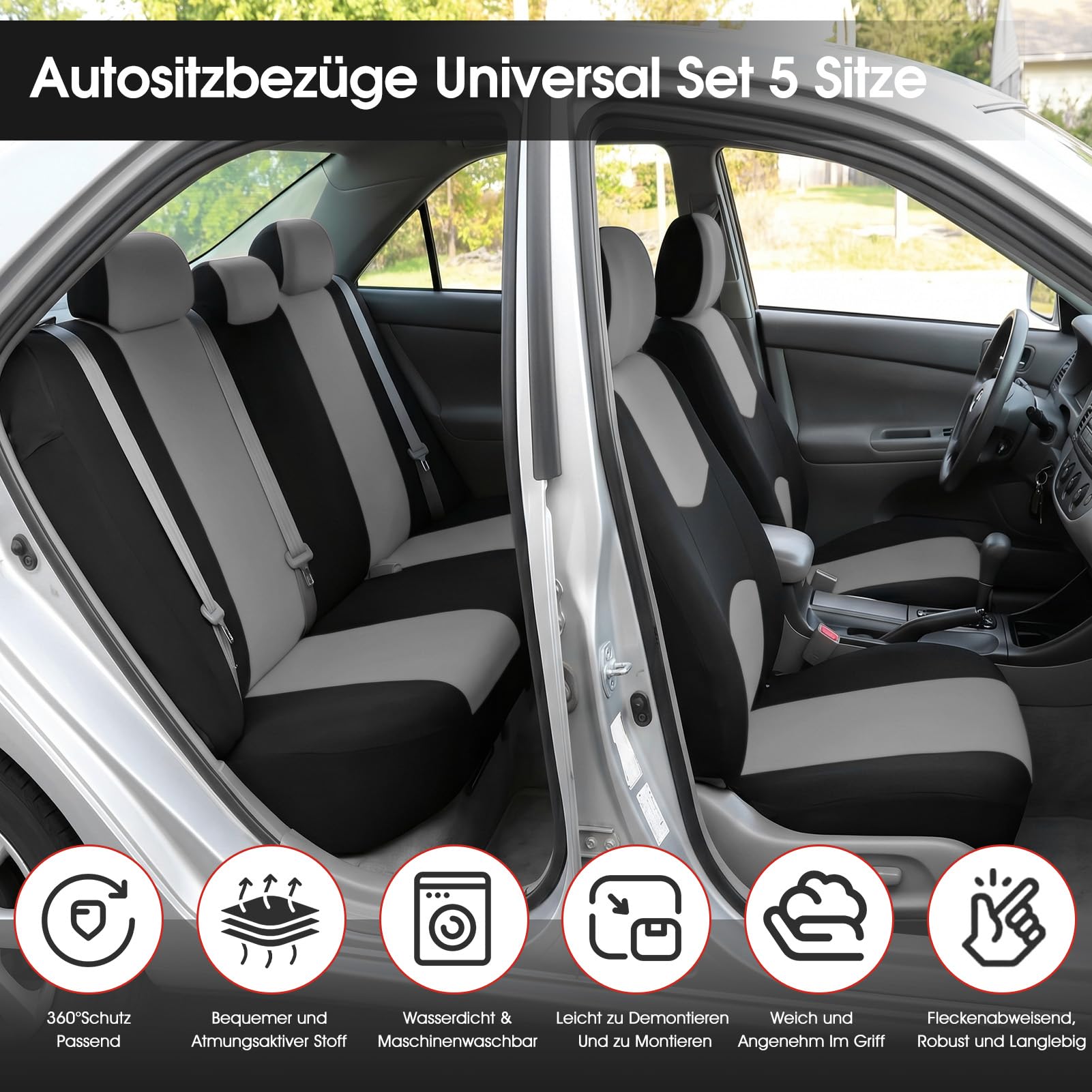 Lot de 5 housses de siège universelles - Respirantes et lavables - Pour sièges avant et banquette arrière - Protection intérieure de voiture - Anti-saleté - Avec housses d'appui-tête