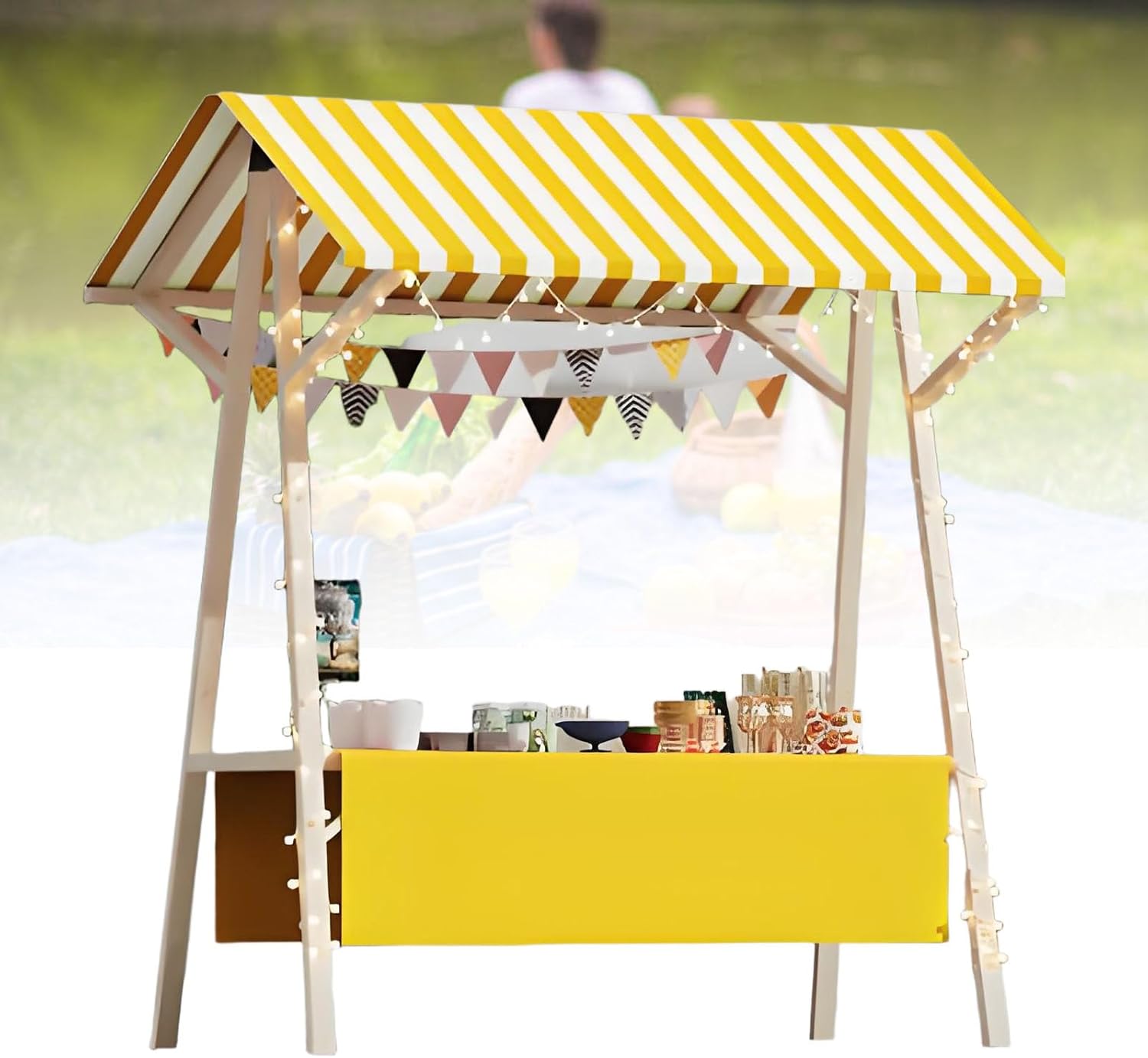 Foldable Wooden Market Display Stand - Portable Vendor Stall for Farmers Market & Craft Shows, Food Cart with Awning, Outdoor Display Table, Easy Setup, Durable 120x60x200cm