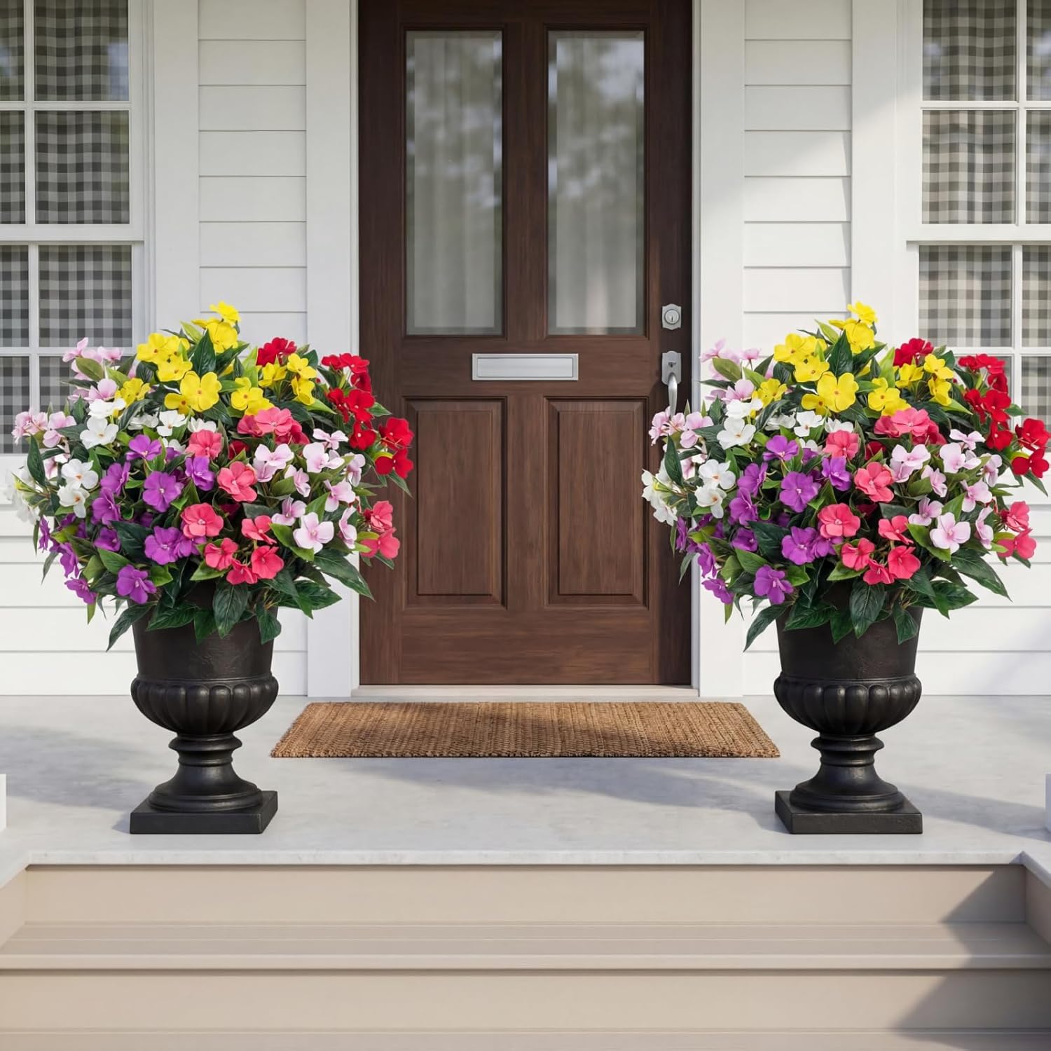 6 Bundles Artificial Impatiens Flowers for Outdoors 15.7'' Faux Impatiens Bushes Multicolor UV Resistant Fake Plastic Silk Impatien Flowers for Home Patio Lawn Garden Pot Porch Decoration