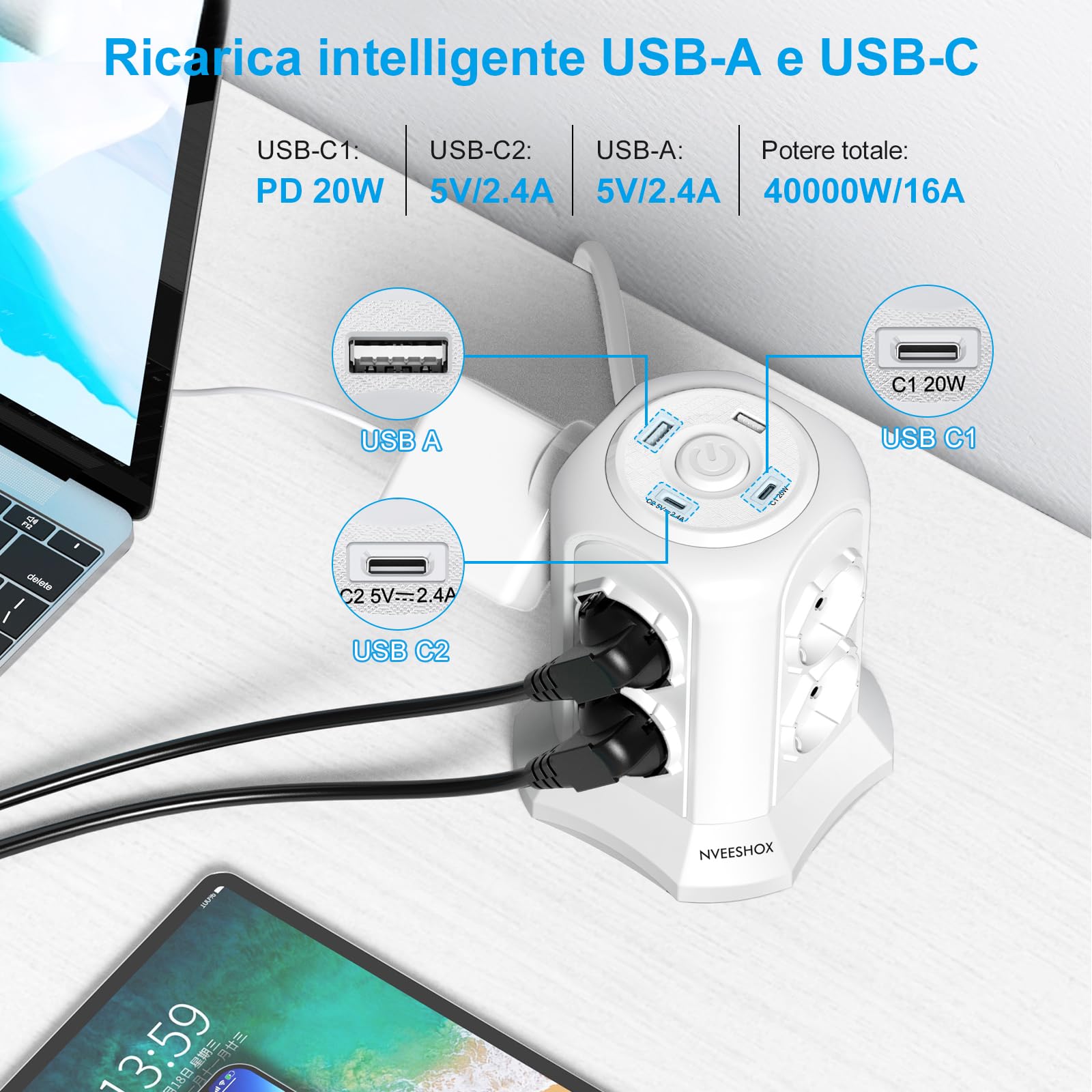 NVEESHOX Multiprise avec 8 prises universelles ITA 10/16 A et Schuko, 2 USB-C et 2 USB-A (20 W PD3.0), 4000 W/16 A, tour de protection surtension avec interrupteur, 2 m câble (blanc)