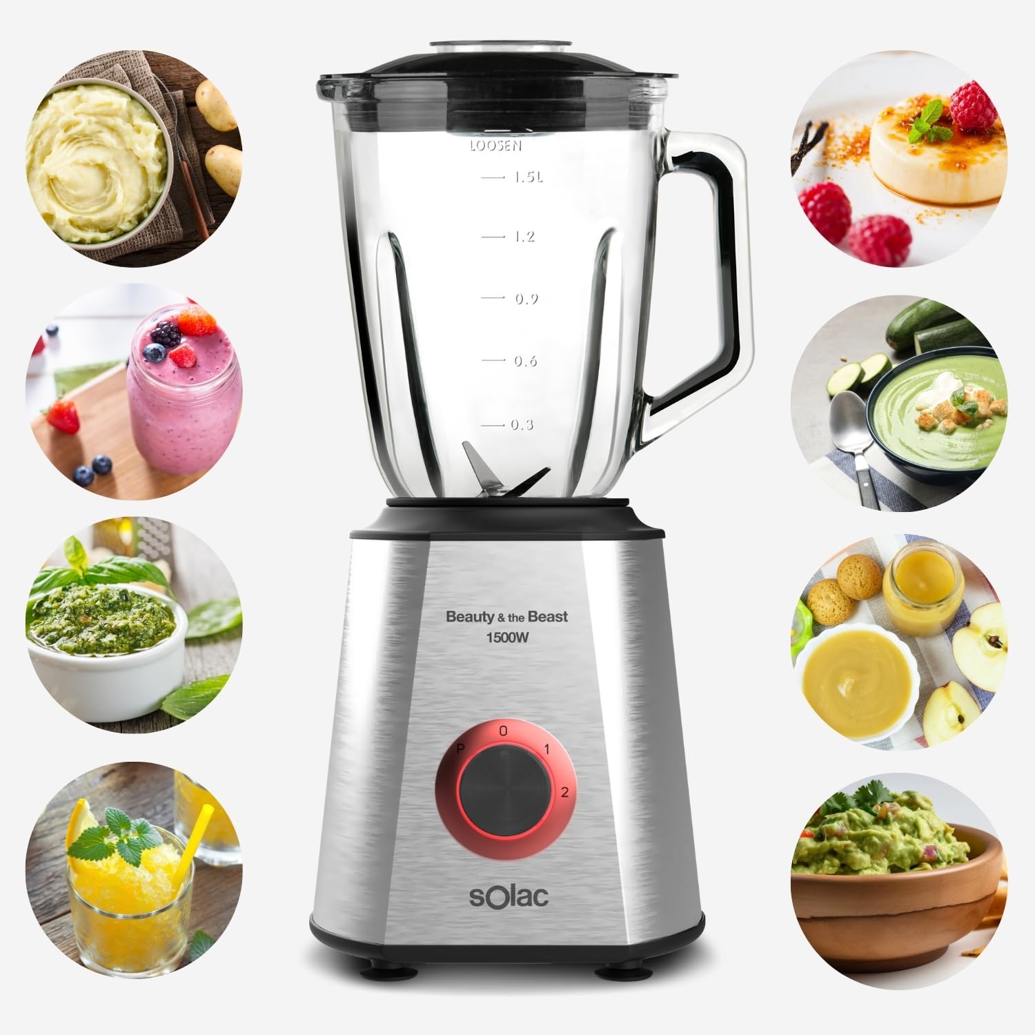 Solac Beauty and the Beast 1500 - Frullatore, 1500W, 6 lame in acciaio inossidabile, 2 velocità + Turbo, tritaghiaccio, caraffa in vetro graduata 1,5L, beccuccio, sistema di sicurezza