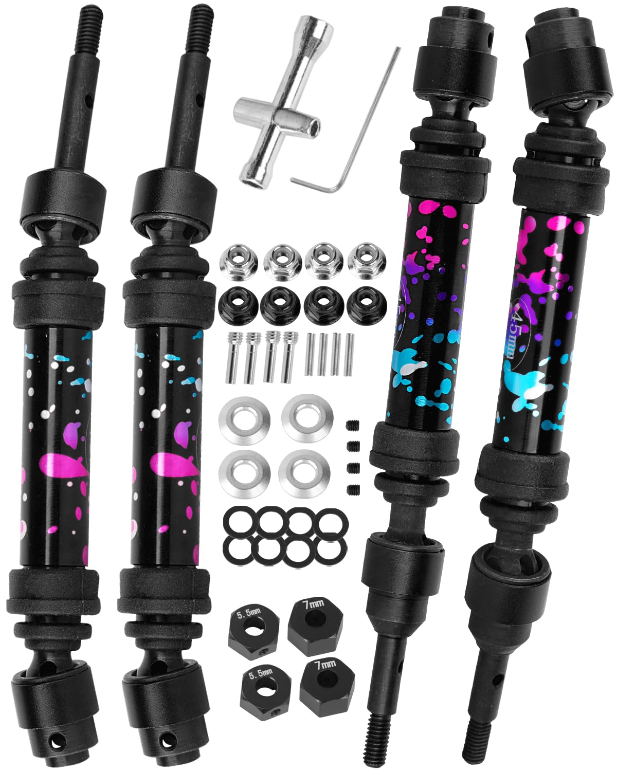RCHuiWow Driveshafts CVD Upgrades Part for 1/10 Slash 4WD(vxl),Rustler 4WD(vxl),Stampede 4WD(vxl),Hard Steel Front Rear RC Axles Drive Shafts Hops Up,4pcs,Polychrome