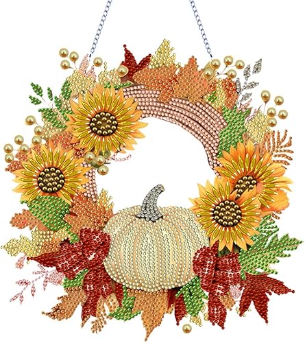 Miniatura 10 de AZURAOKEY Corona colgante de calabaza de otoño con pintura de diamante de Navidad corona de girasol con forma especial de corona de otoño pintura de