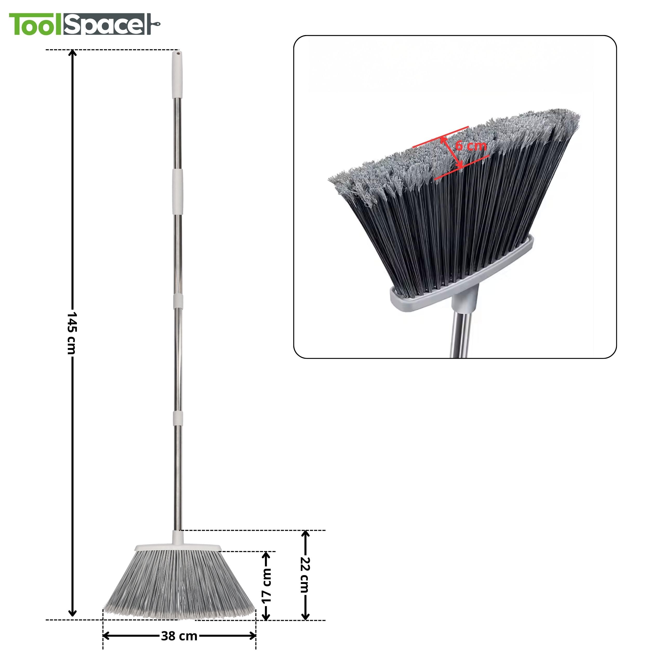 ToolSpace Scopa da Giardino per Esterni 38 cm con Manico Telescopico in Acciaio 133 cm (Altezza 145 cm) Grande Spazzolone Industriale Setole Dure per Pulizia Strada Pavimenti Terrazze Cortili Grigio