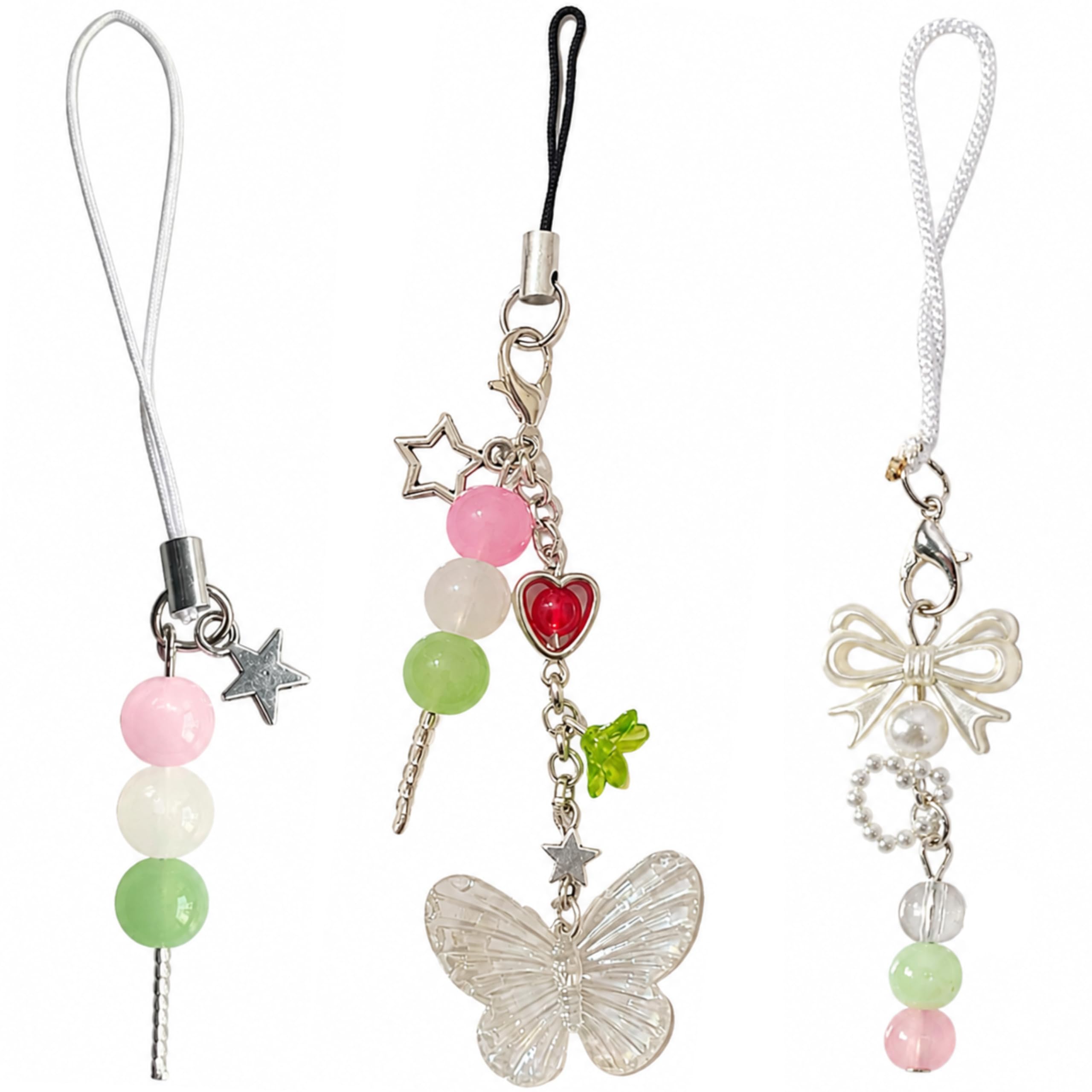 3pcs dango japanese aesthetic phone charms for girls & women | beaded mobile hanging straps for phone, purse, bag & keychain | cute coquette kawaii accessories
