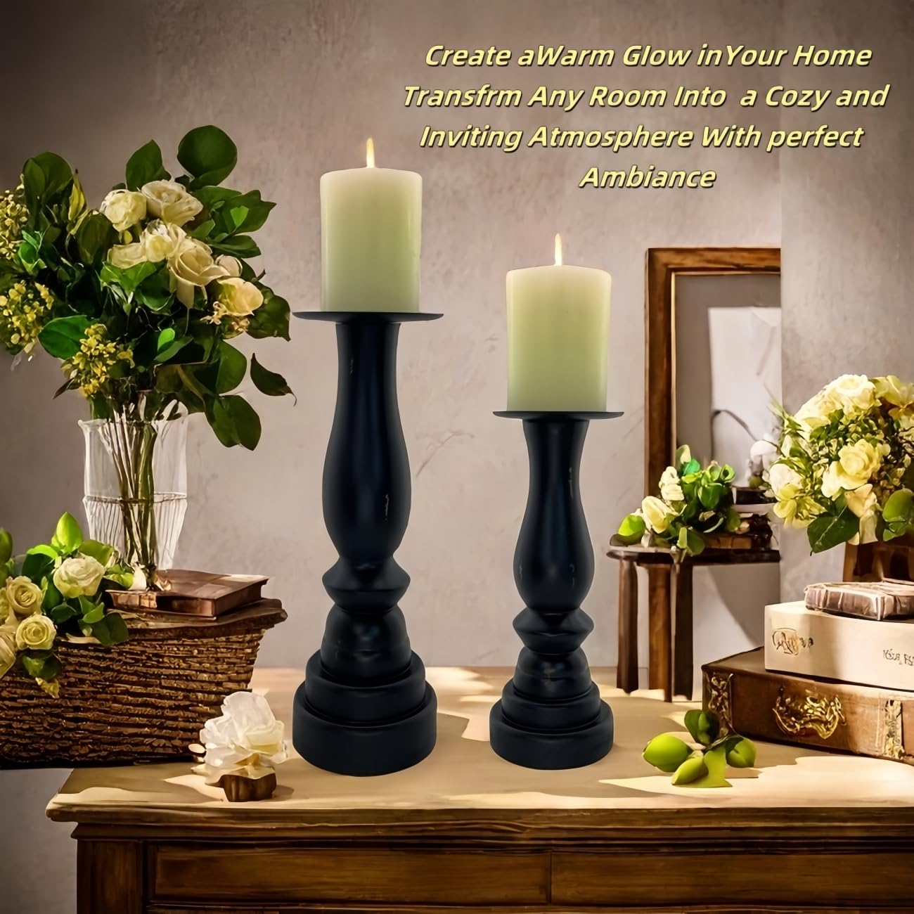 Portavelas de pilar desgastado negro – Portavelas alto de madera para velas de batería – Portavelas grande de granja de pilar juego de 2 piezas