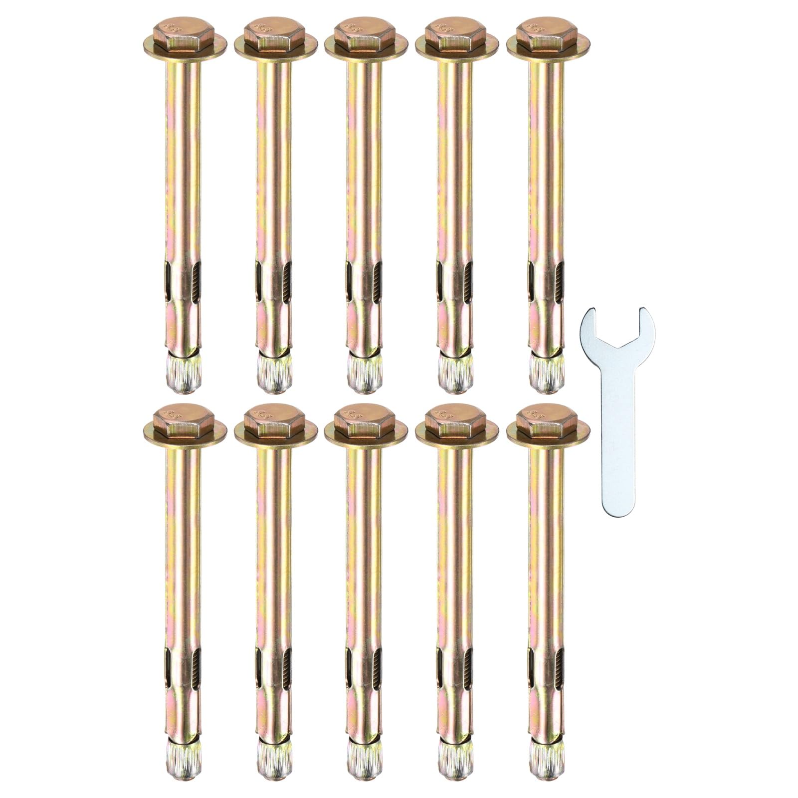M METERXITY 10-Pack Hex Expansion Bolt, M8x100mm Colored Galvanized Iron-Carbon Steel External Hex Expansion Bolts W/ 14mm Wrench, Anti-Corrosion Metal Bolt for Concrete/Dry Brick/Block Walls