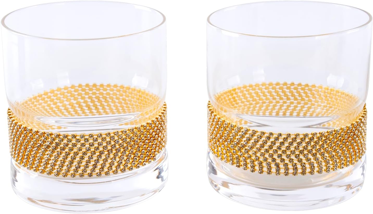 Whiskey Glass Old Fashioned Glasses Rhinestone Decoration Crystal Glass Set of 4 Birthday,Holiday Gifts Gray 2PCS