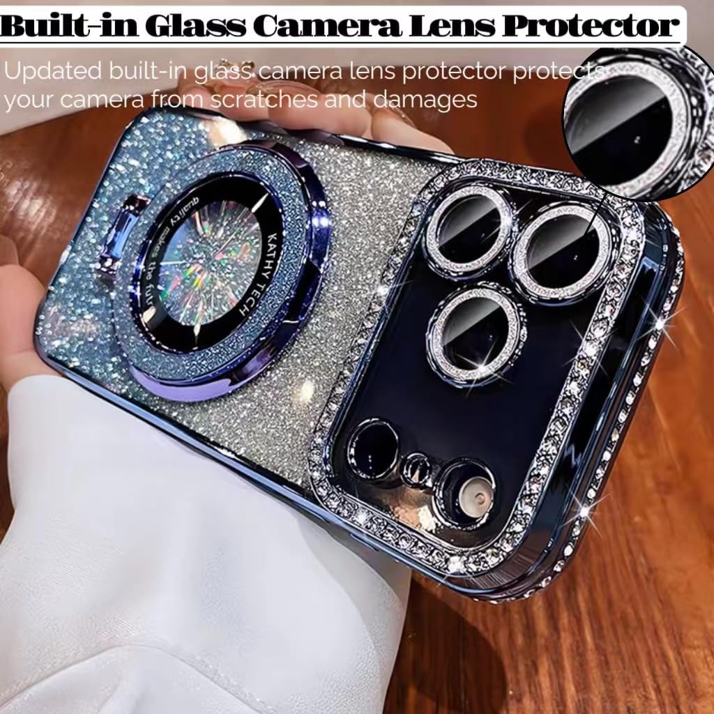 Magnetic Stand Glitter Case for iPhone 17 Pro Max, [Comatible with Magsafe], Luxury Cute Sparkly Bling Diamond Camera Lens Protector 2in1 Women Girls Soft Phone Cover Case for iPhone 17 Pro Max,Blue - Image 4