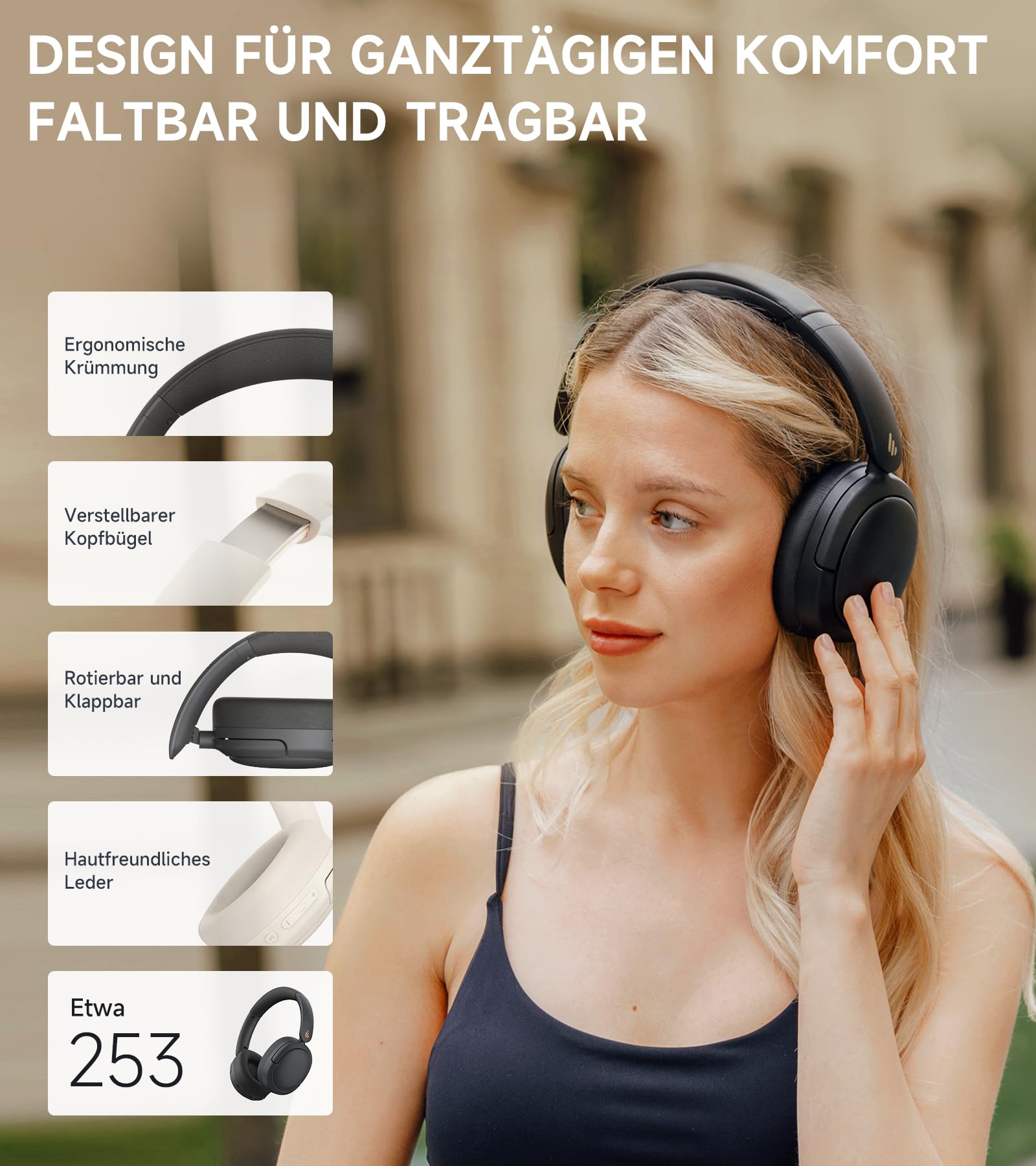 Edifier W800BT Pro Hybrid ANC Kopfhörer, Hi-Res Audio, 45Std. AKKU, Schnelles Aufladen, Faltbar, Kabellose Over-Ear Bluetooth 5.4 Kopfhörer - Schwarz