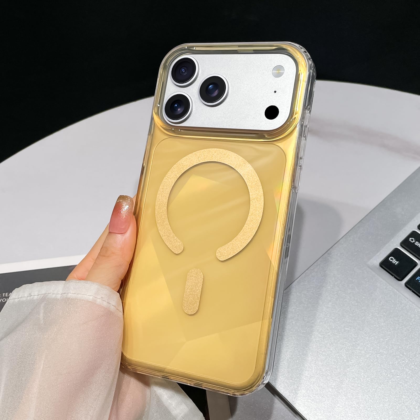 SAKUULO Custodia magnetica per iPhone 17 Pro Max, compatibile con Magsafe, trasparente glitterata iridescente, scintillante, arcobaleno, custodia protettiva antiurto per donne e uomini, arancione