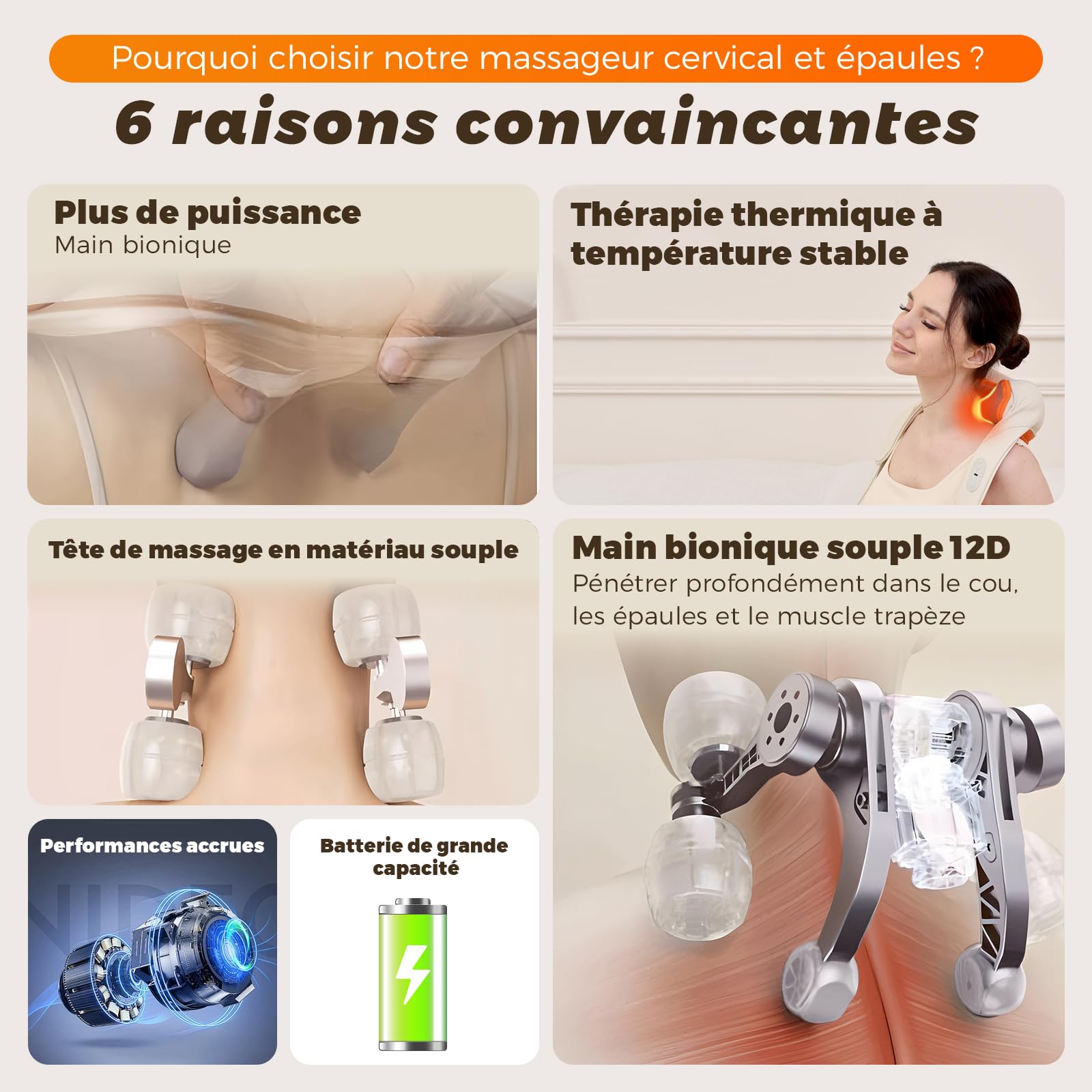 Appareil de massage du cou avec fonction chauffante, appareil de massage Shiatsu sans fil avec massage 4D des tissus profonds, pour les épaules, les jambes, les muscles du corps, soulagement
