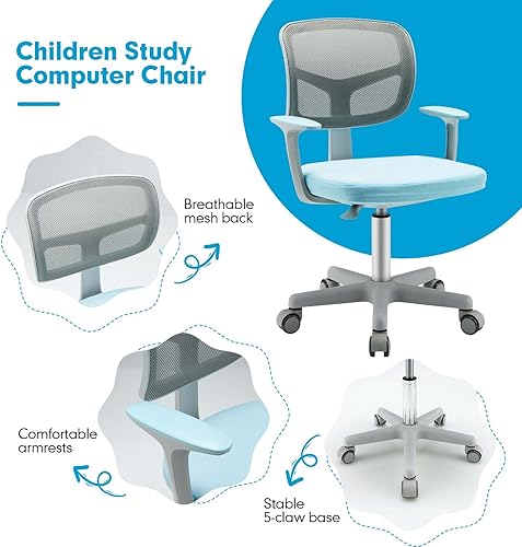 Miniatura 17 de Costzon Silla de escritorio para niños, silla ajustable para computadora de estudio para niños con brazos y ruedas, silla giratoria para