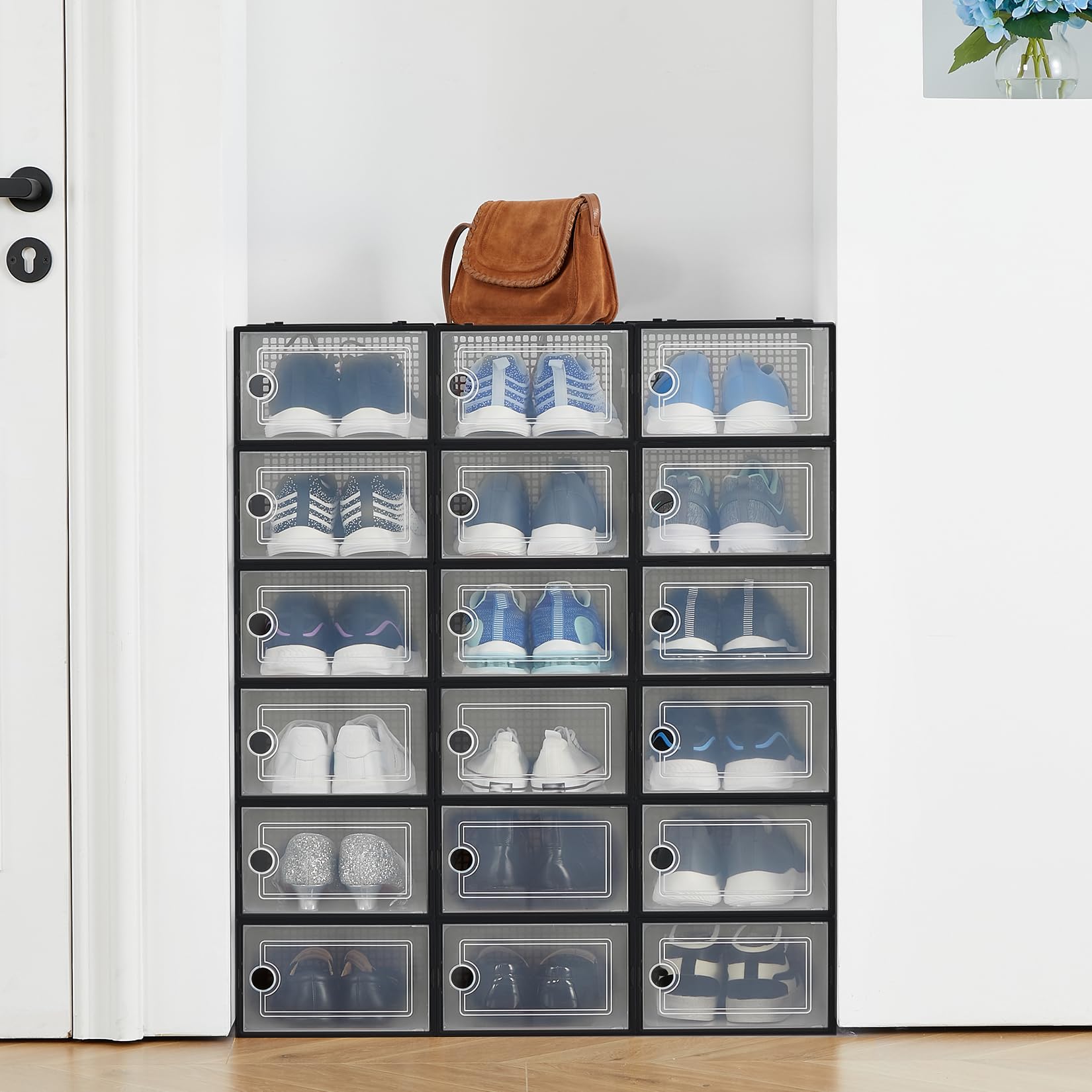 Aptliton Shoe Boxes, Pack of 18 Shoe Storage Organizers, Stackable Clear Plastic Shoe Containers for Closet & Entryway, Sneakers Daily Footwear, 13.19 x 10.24 x 6.5 Inches, Black