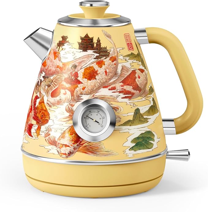 Hazel Quinn Retro Electric Kettle - 1.7 Liters / 57.5 Ounces Tea Kettle with Thermometer, All Stainless Steel, 1200 Watts Fast Boiling, BPA-free, Cordless, Automatic Shut Off - Goldfish