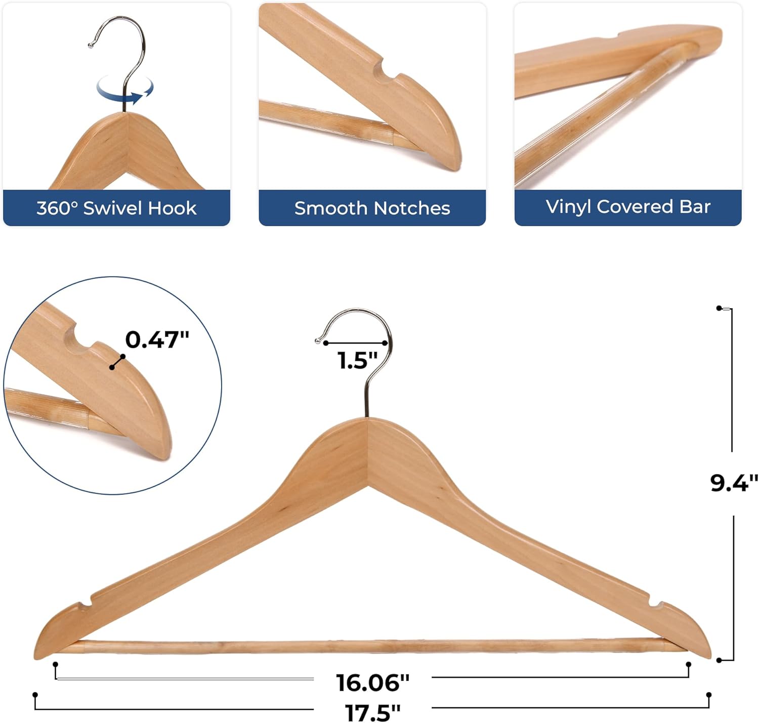 JS Hanger Wooden Coat Hangers, 20 Pack High Grade 17.5 Inch Wood Suit Hangers with Non Slip Pant Bar - Extra Smooth and Splinter Free Natural Finish Wooden Suit Hangers for Closet Organization
