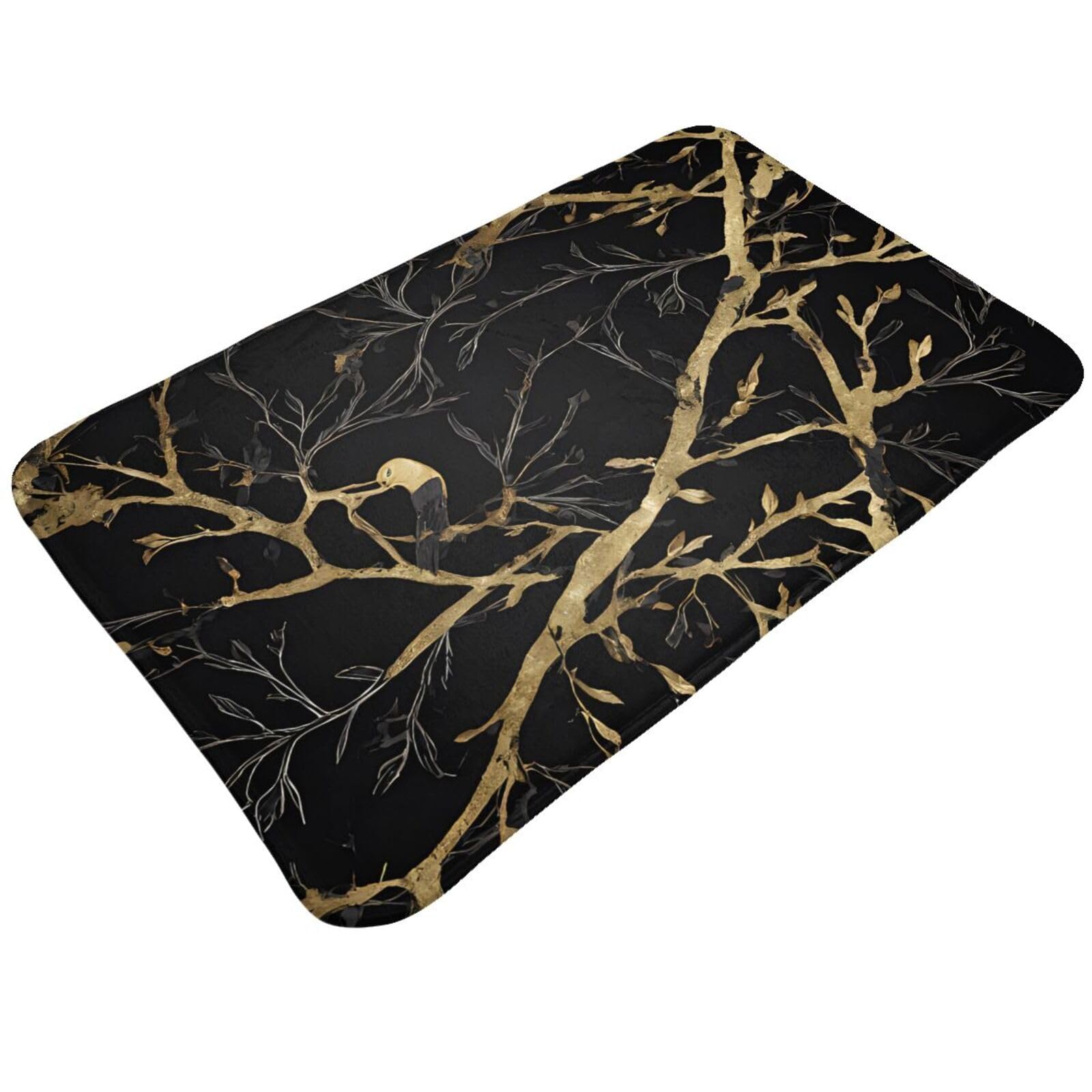Black and Gold Marble Bird Print Living Room Bathroom Kitchen Anti Slip and Absorbent Carpet, Indoor Entrance Door Muddy Floor Mat, Ultra Soft Washable Carpet 21x31.5 Inches