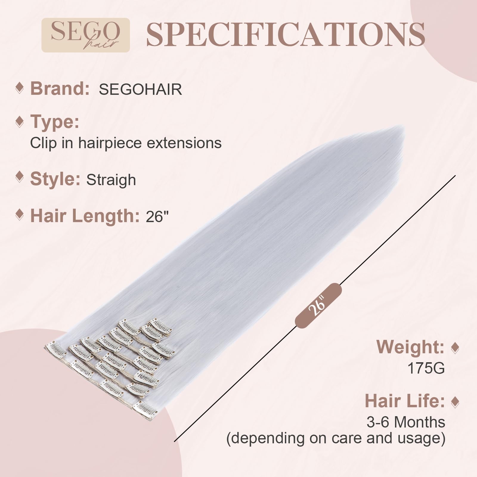 SEGOHAIR 23" Long Curl Clip in Hair Extensions - 8 Pcs, 18 Clips, Synthetic Fiber, Seamless, Full Head - Silver Gray - Image 3