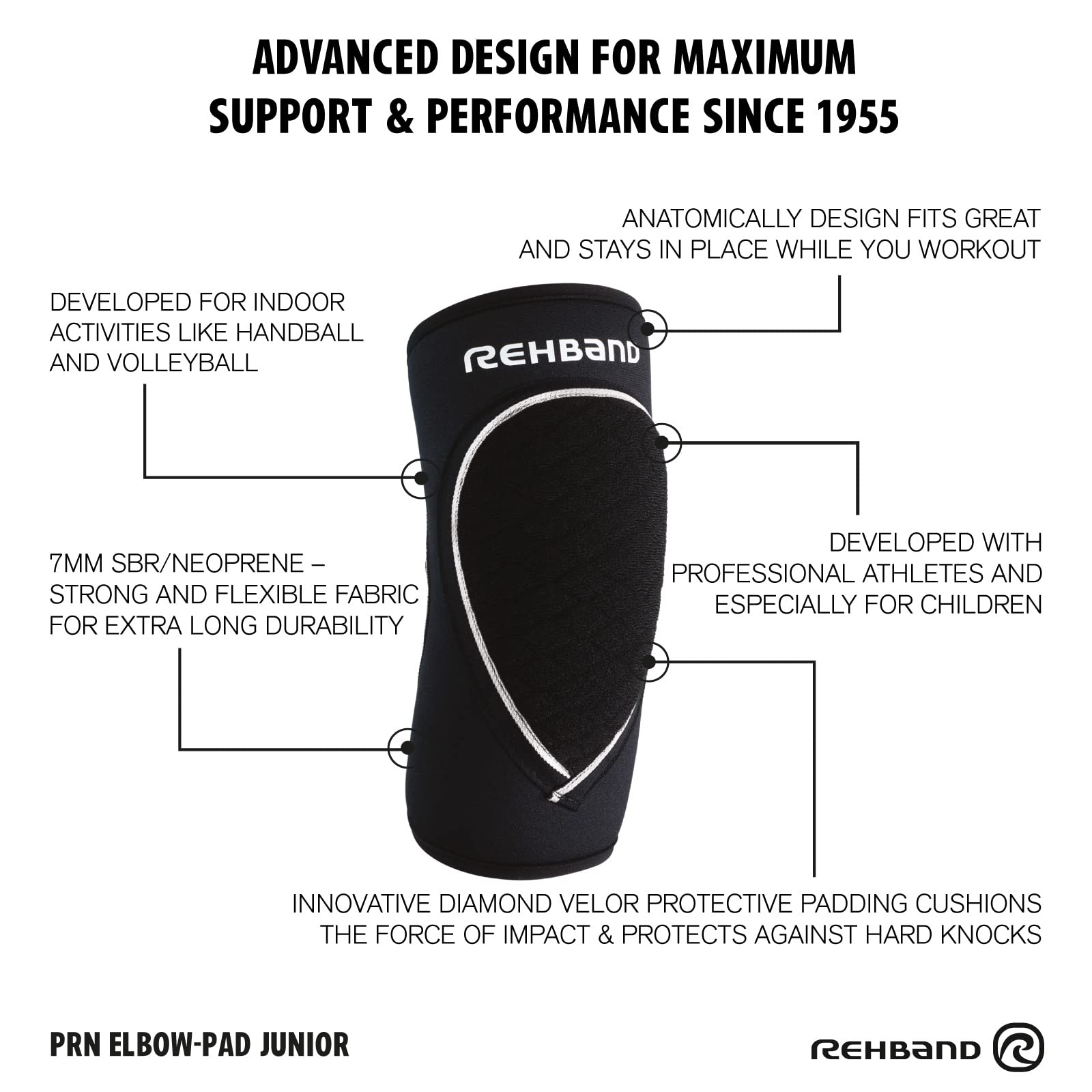 Rehband Coudière rembourée enfants, noir, coudières confortables pour volley-ball, handball & sports d'intérieur