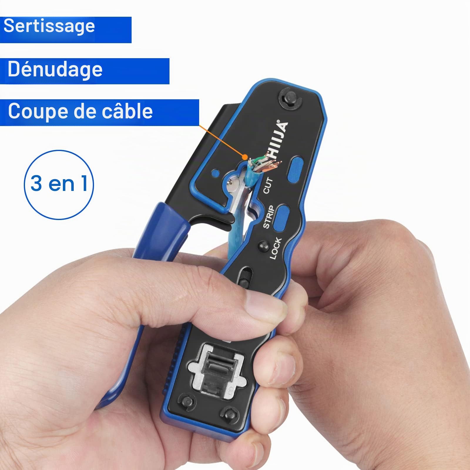 Kit Outils RJ45 – Pince à Sertir, Testeur de Câble Réseau, Pince à Dénuder et Coupe-Fil, 50 Connecteurs CAT6 et 50 Couvre-Bottes, Compatible Cat5/Cat5e/Cat6