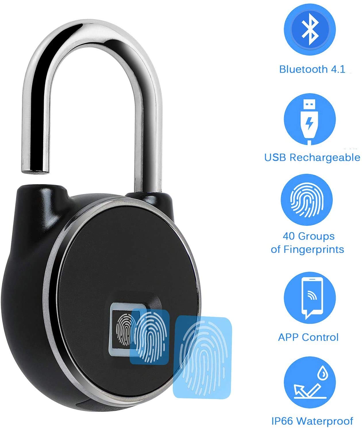 Buyter APP Bluetooth Rechargeable Smart Touch Étanche Reconnaissance d'empreintes digitales Cadenas sans clé de sécurité (Empreinte Digitale +APP)