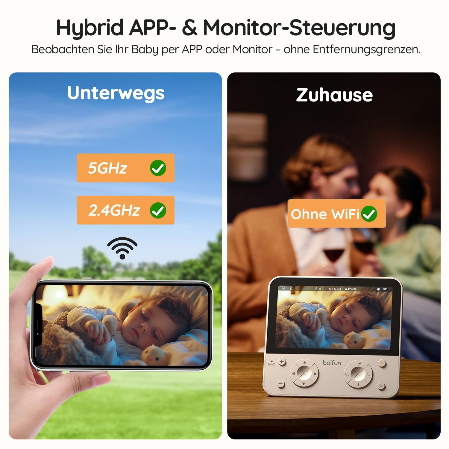 BOIFUN 4MP Babyphone mit 2 Kameras App, Split-Screen-Ansicht, KI/Weinen/Bewegungs/Geräuscherkennung, Intelligente Nachtsicht, Automatische Verfolgung, PTZ 345°/65°, 5.5" Video Babyfon WLAN