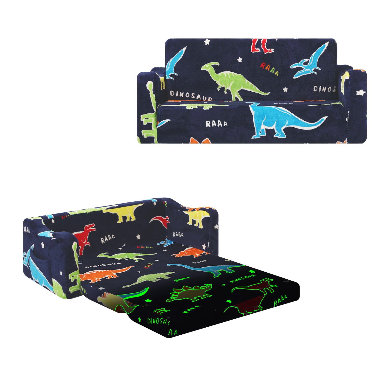 Canapé Enfants Convertible Sofa Bed 2 en 1, Pliant Fauteuil Enfant 2 Places pour Filles et Garçons, Briller dans Le Noir Canapé Lit pour Chambre Coin Lecture Salon,Dinosaurus