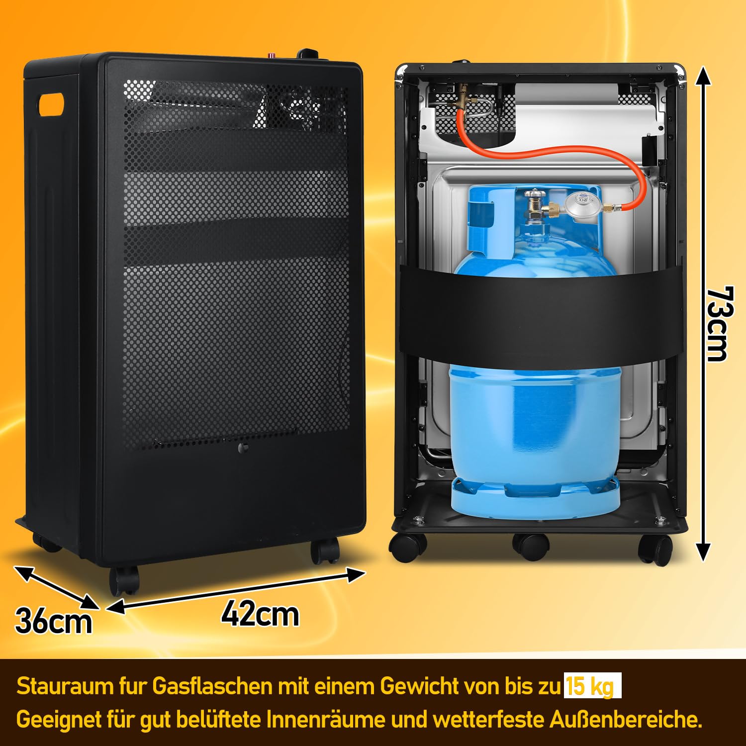 Grzejnik gazowy do wnętrz, 2 stopnie ogrzewania, 2200 i 3800 W, pojemność grzewcza do 80 metrów sześciennych, do butli gazowych 15 kg, niebieski płomień, palnik ze stali nierdzewnej, w