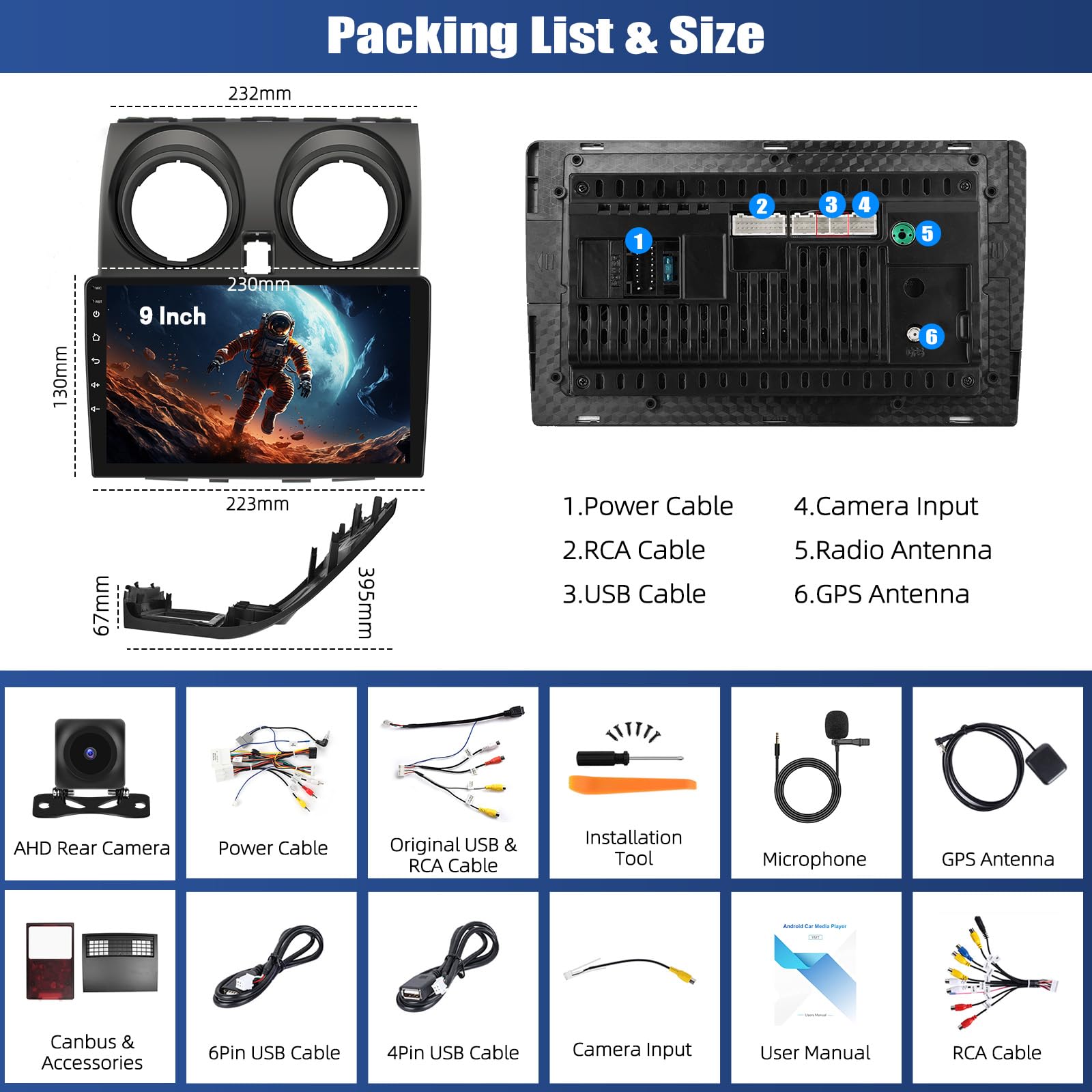 [4+64G]SIXWIN Autoradio Android 13 con CarPlay/Android Auto/Mirror Link per Nissan Qashqai J10 2006-2016,9 Pollici HD TouchScreen Schermo Navigatore WiFi Bluetooth 5.0 FM/RDS 32EQ+AHD Retrocamera