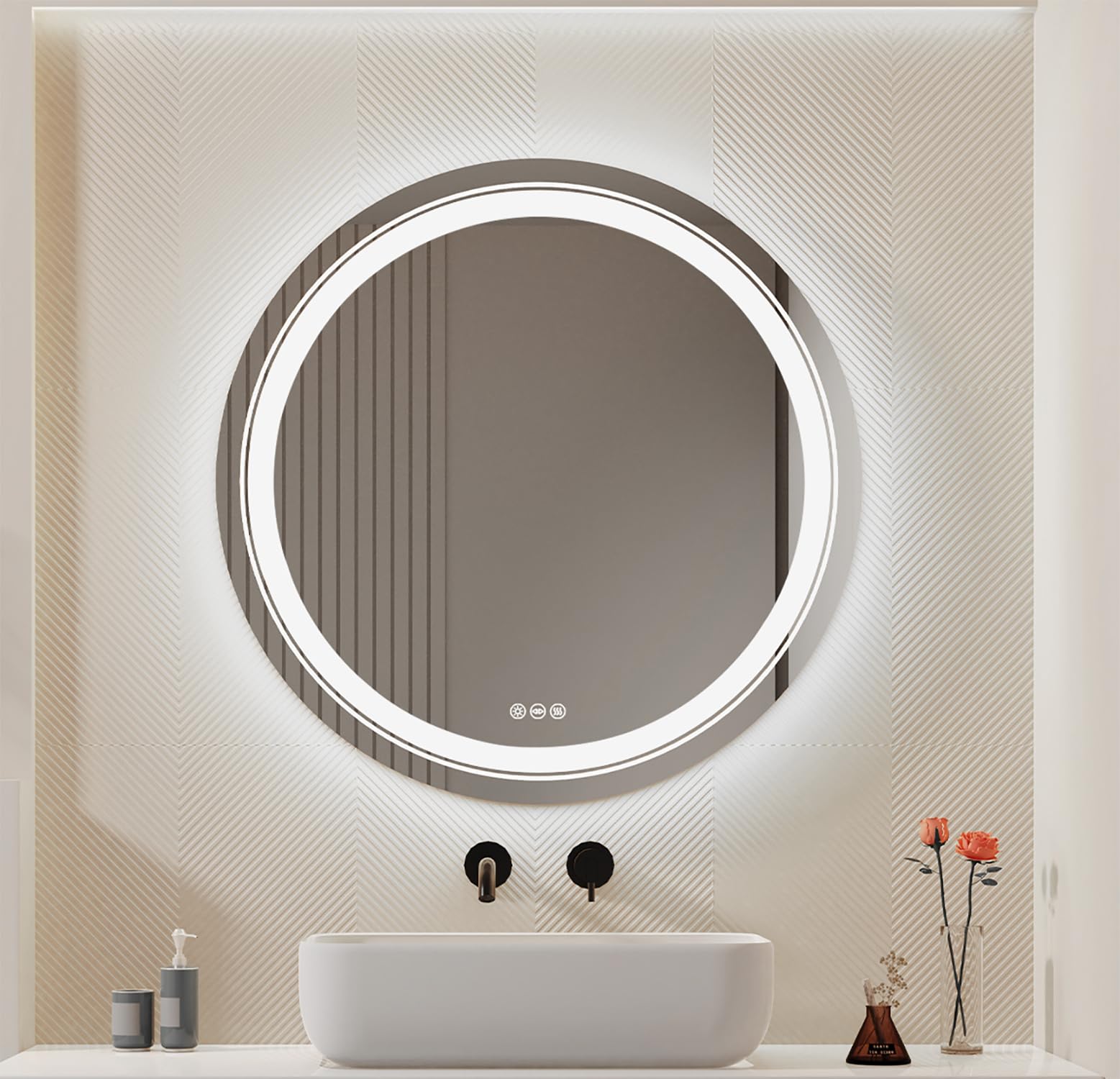 LUVODI LED Bathroom Mirror Round: 600mm Dimmable Illuminated Front Light + Backlit Circle Wall Vanity Mirror with 3 Colour Lighting Demisting Smart Button for Makeup Shaving — image 1