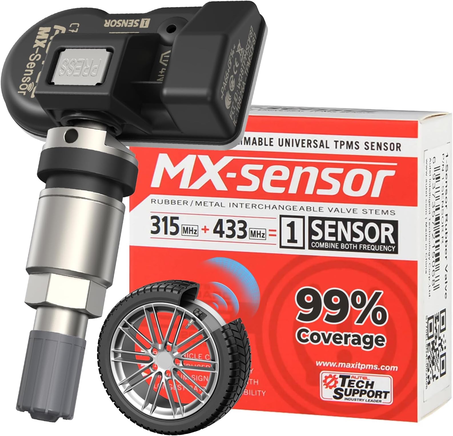 TPMS Sensor 1-Sensor, MX-Sensor 315MHz + 433MHz Metal Valve, Programmable Universal Specially Built for OEM Sensors Replacement, Work with Autel TPMS Scanners TS408 TS508WIFI TS601 MK808S-TS