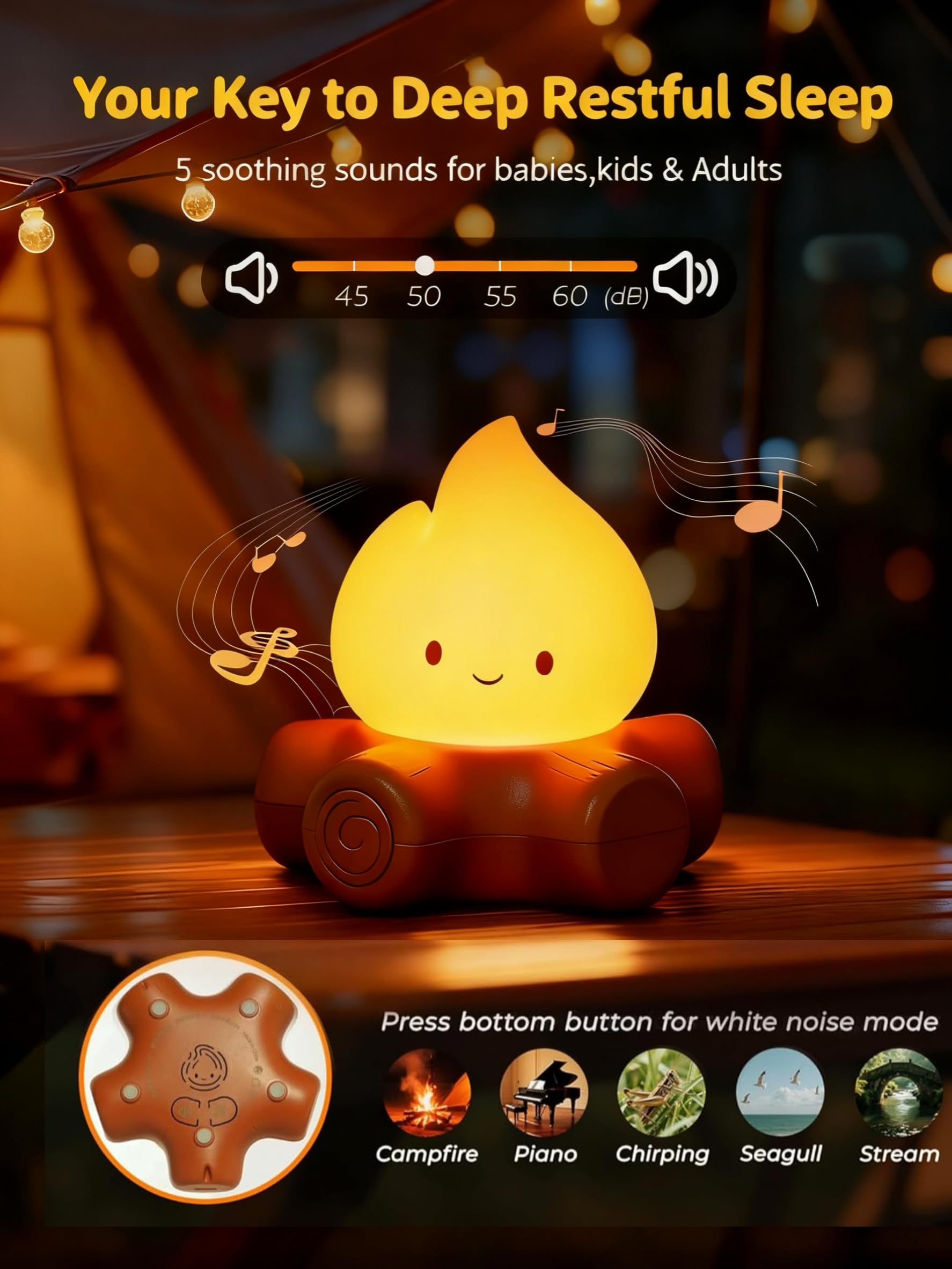 Tarinks Campfire Night Light, Portable Flame Lamp with White Noise