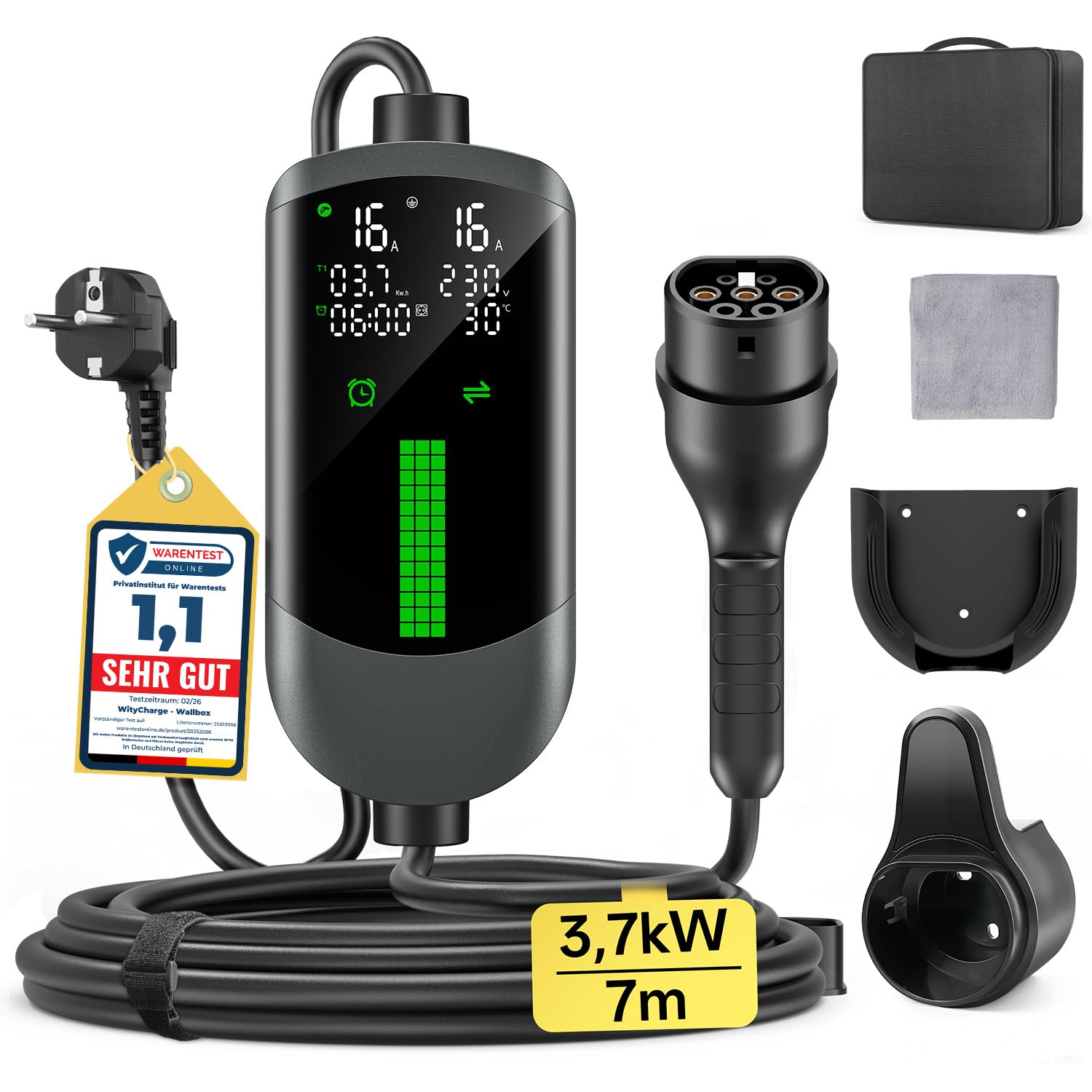 Chargeur Voiture Electrique 3,7kW - 7M/6-16A Cable Recharge Voiture Electrique avec Support Mural Sac, Chargeur Retardé, Numérique LCD, IP65, Compatible avec EVs(IEC 62196-2) & PHEVS