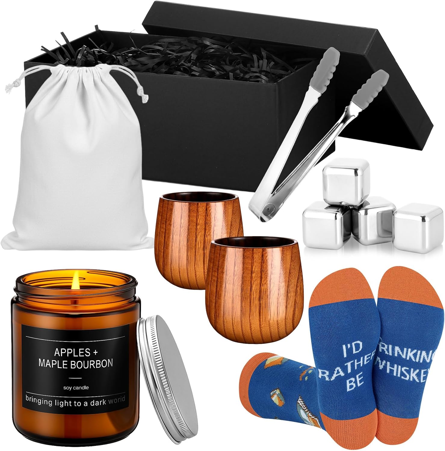 Nuanchu 12 Pcs Bourbon Whiskey Gifts for Men Women Including Charred Wooden Bourbon Drinking Glass with Cooling Rocks Scented Candle Socks Bag Gift Box for Christmas Whiskey Drinker Lover Gifts