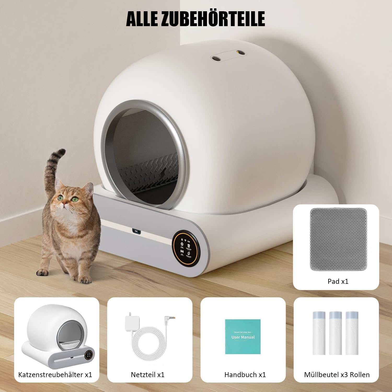 Lettiera Gatto Autopulente, Lettiera Autopulente per Gatti, Diversi Gatti | Antiodore, XXL, 65L, Tappetino Gatto e Sacchetti, Controllo Tramite App, adatto Diversi Gatti