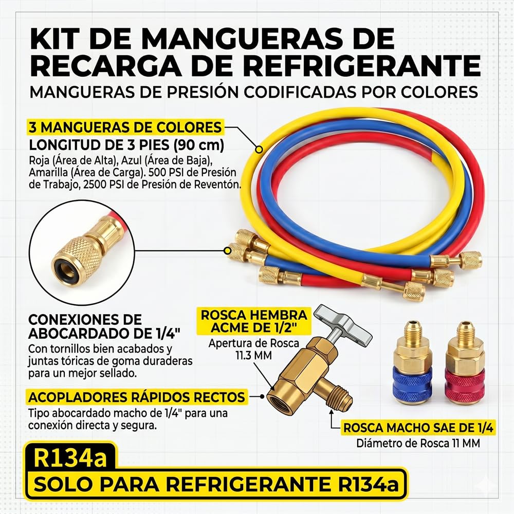 Set de Manómetros R134a para Aire Acondicionado de Coche - Kit de Recarga con 3 Mangueras de 90cm, Acopladores Rápidos y Válvula de Lata Perforadora - Herramienta de Diagnóstico AC Profesional