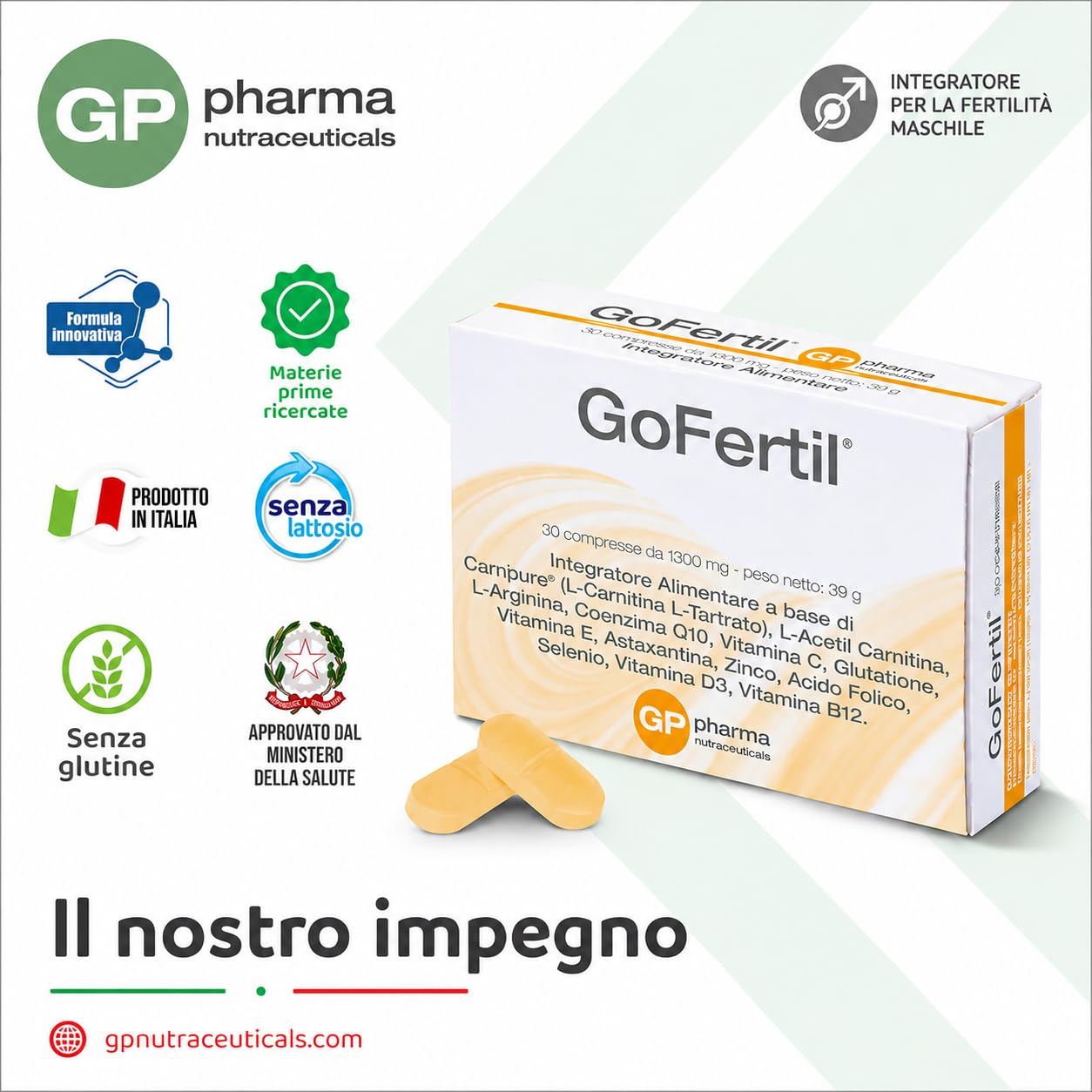 GoFertil® GP Nutraceuticals Integratore Fertilità Maschile, L-Carnitina Carnipure®, Arginina, Coenzima Q10, Zinco, Selenio, Glutatione, Astaxantina, Vitamine C E D3 B12, potenzia la fertilità