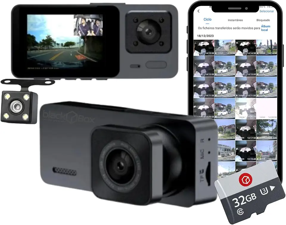 Black Box GP3 - Câmera Veicular, Wifi, Tripla (Frontal + Interna + Traseira), FULL HD, Visão Noturna + Cartão 32GB (Dashcam Automotiva Carro Uber)