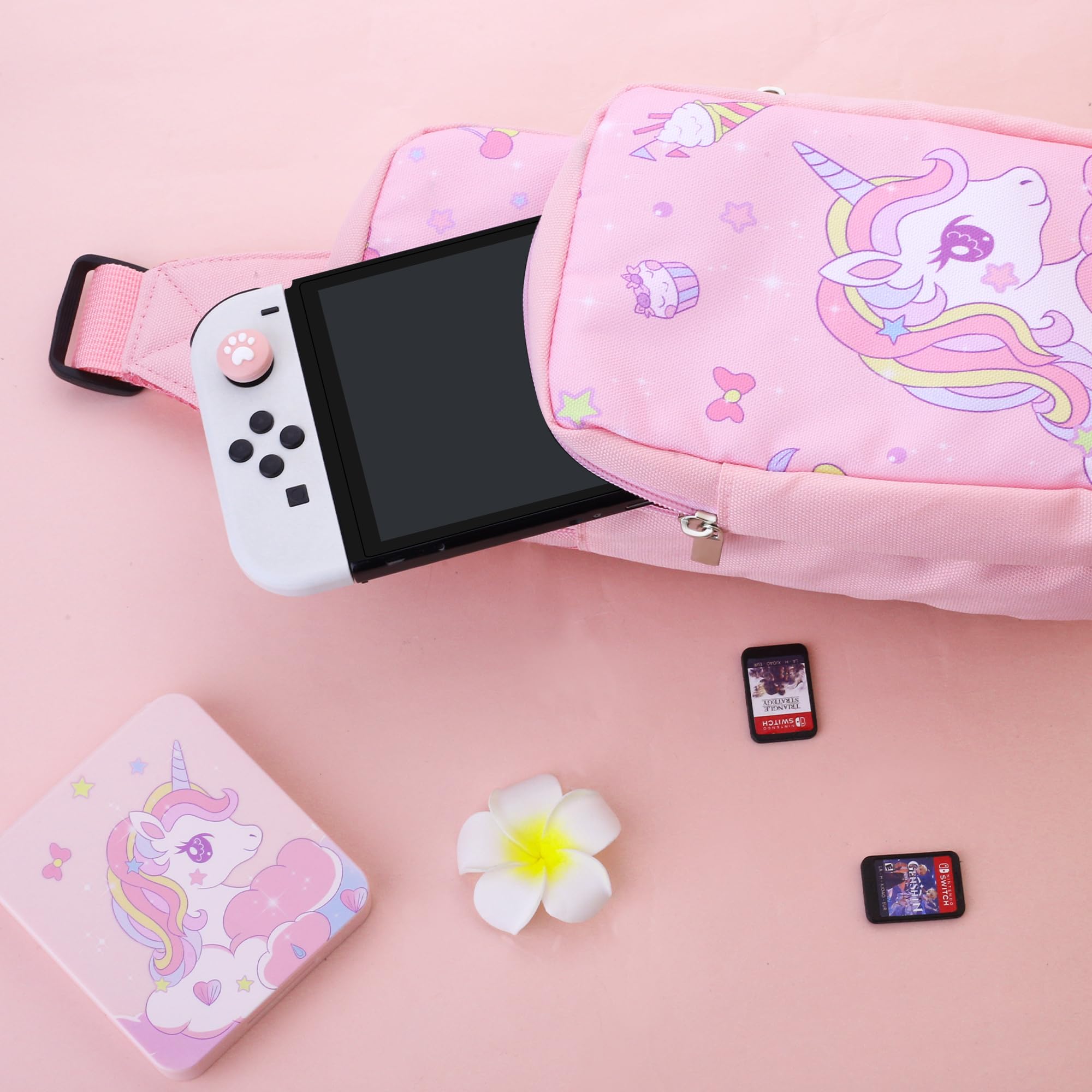 GLDRAM Borsa a tracolla compatibile con Nintendo Switch 2/NS/OLED/Lite, graziosa custodia portatile da viaggio per il trasporto con unicorno, kit di accessori per borsa a tracolla con custodia per