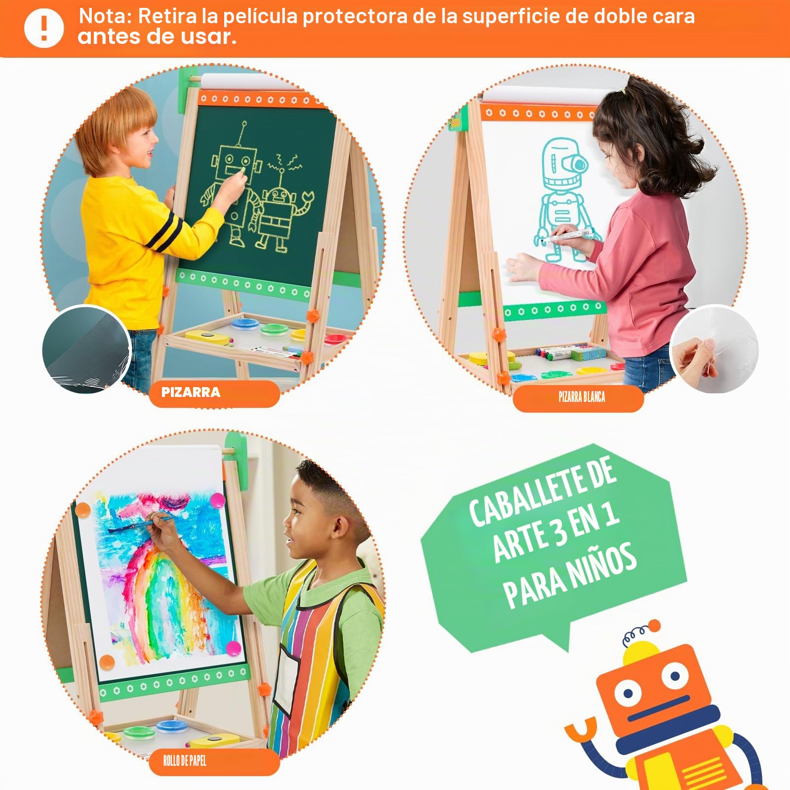 Pizarra infantil de madera con rollo de papel Pizarra blanca y negra de doble cara Plegable Caballete infantil regulable en altura con dibujo de robot, números y otros accesorios para niños