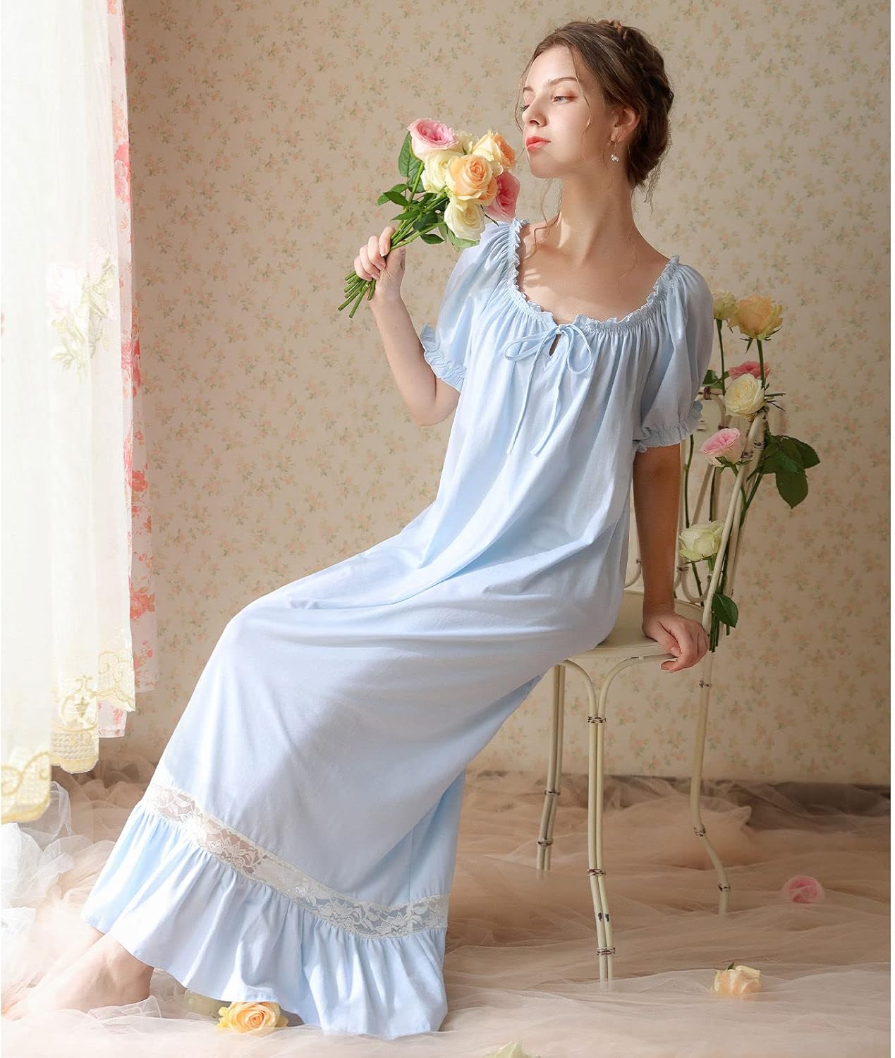 Victorian Nightgown for Women Cotton Lace Trim Sleepwear Breathable Vintage Full-Length Summer Nightdress - Image 4