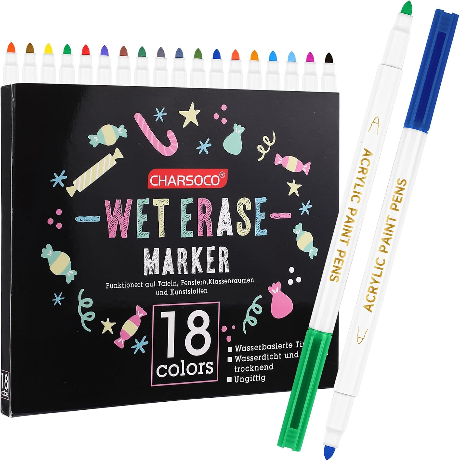 Wet Erase Markers, 18 Colors Whiteboard Markers, Low Odor Wet Erase Pens with 1-2mm Fine Tip, Perfect for Writing on Whiteboards, Glass, Mirror, Home, Office and School Supplie - 806