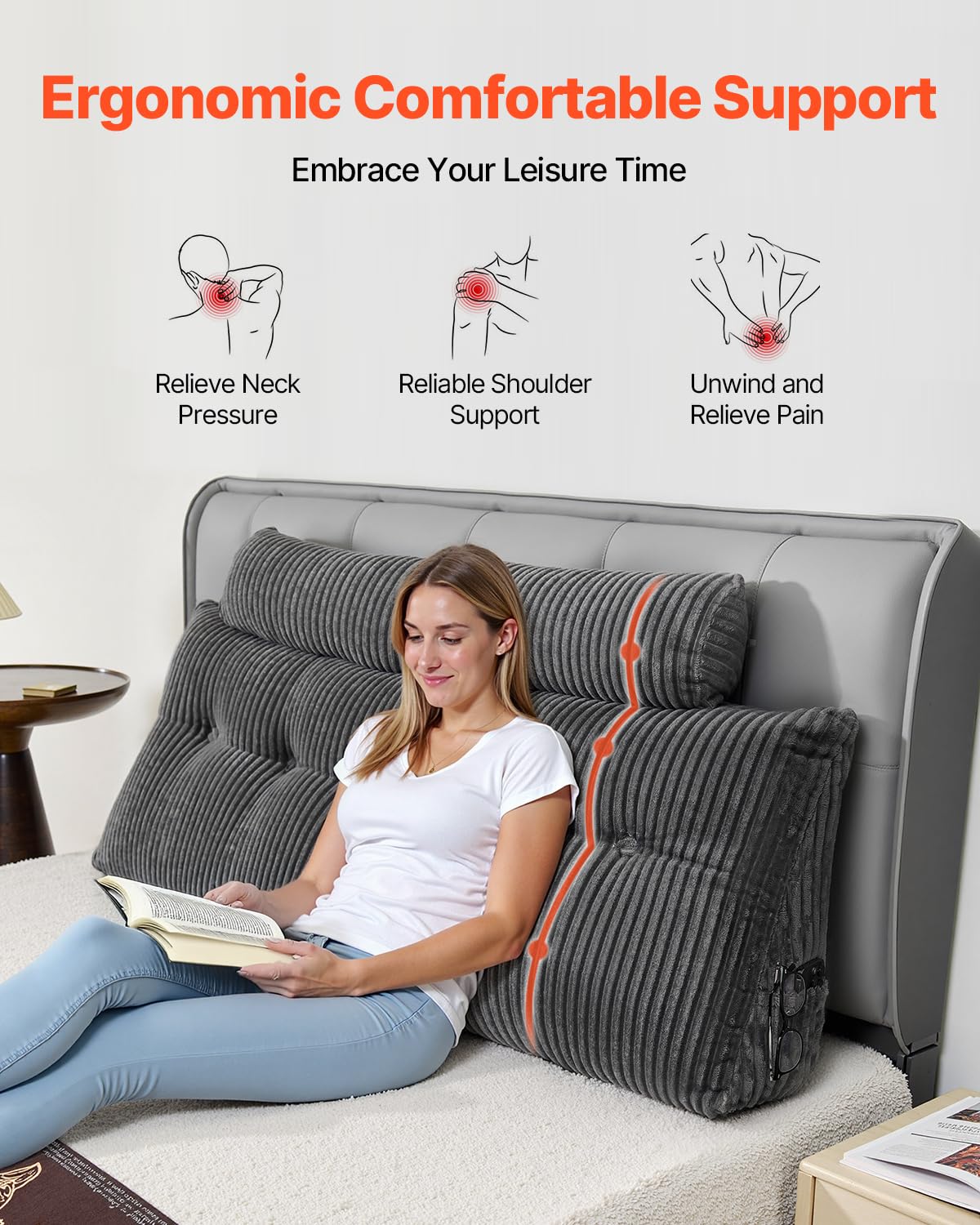 VEVOR Cuscino per Testiera, Cuscino a Cuneo Queen Size da Letto con 2 Tasche Laterali 2 Poggiatesta, Supporto a Cuneo per Letto Tessuto di Flanella Lavabile, Supporto Lombare per Leggere, Riposare