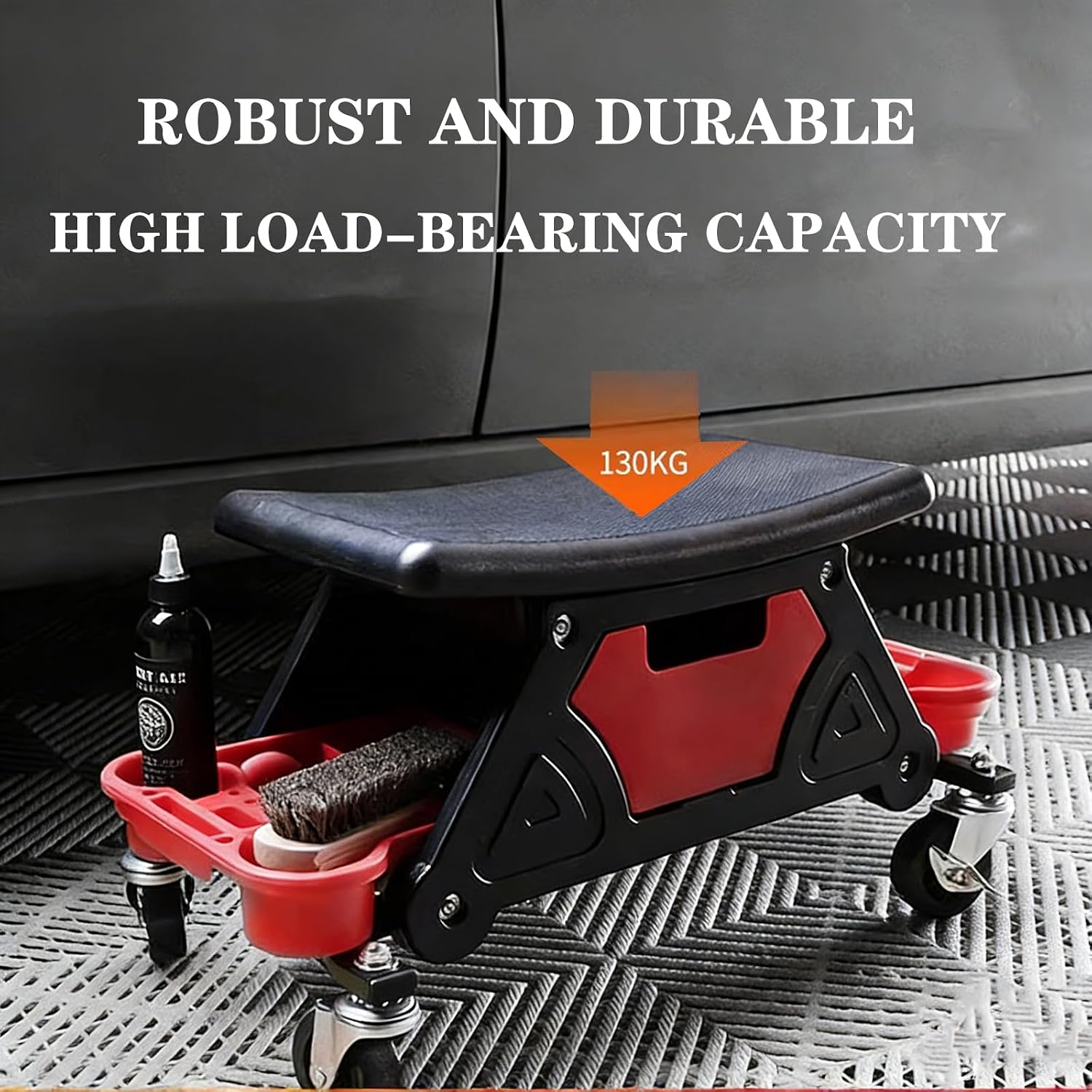 Shop Stool with Wheels for Garage, Garage Mechanic, Mechanics Rolling Chair Heavy Duty Garage Stool Roller Seat with Three Slide Out Tool Trays and Drawer, for Garage Car Detail,Red,64cm