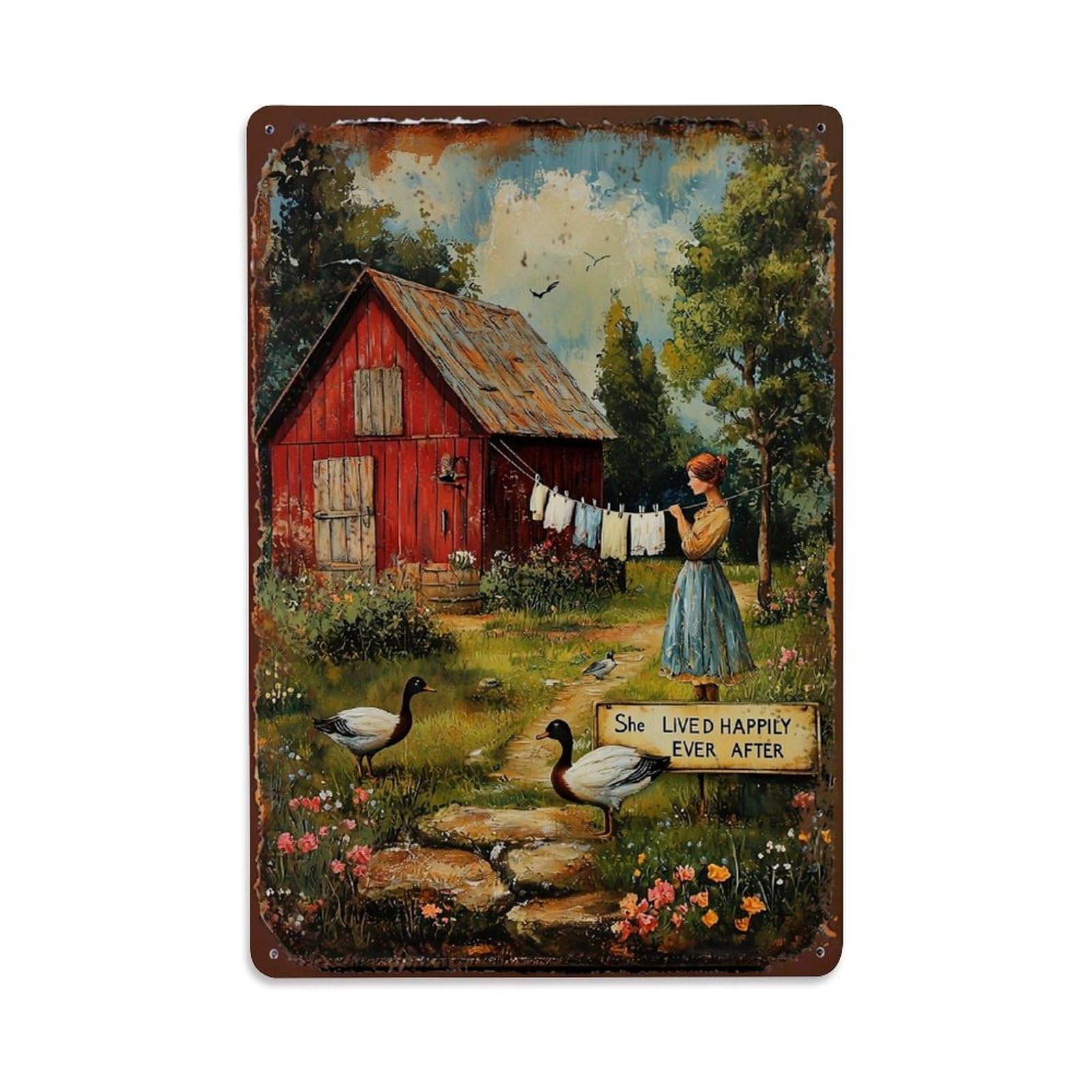 Jdfenggu Vintage Rustic Barn Woman Ducks Flowers Retro Metal Tin Sign, Decor Art Poster For Bar, Home, Man Cave, Kitchen, Laundry Room Gift 8X12inch