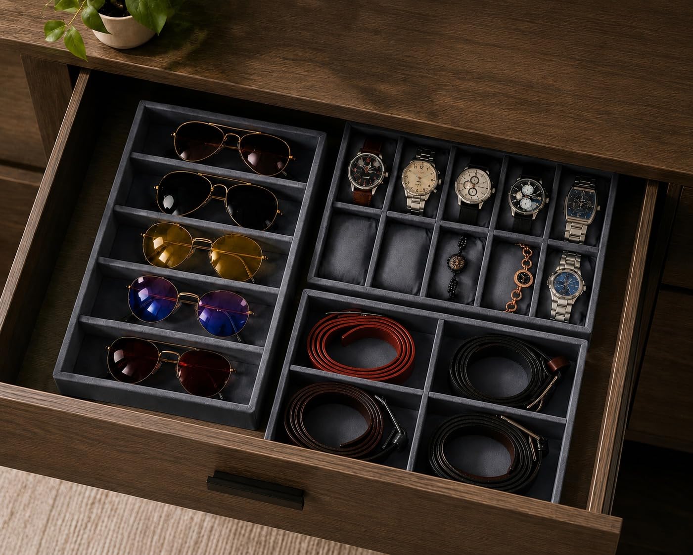 La Trove Bandeja organizadora de piel sintética de alta calidad para reloj, cinturón, corbata, gafas de sol (combo de 3, gris)
