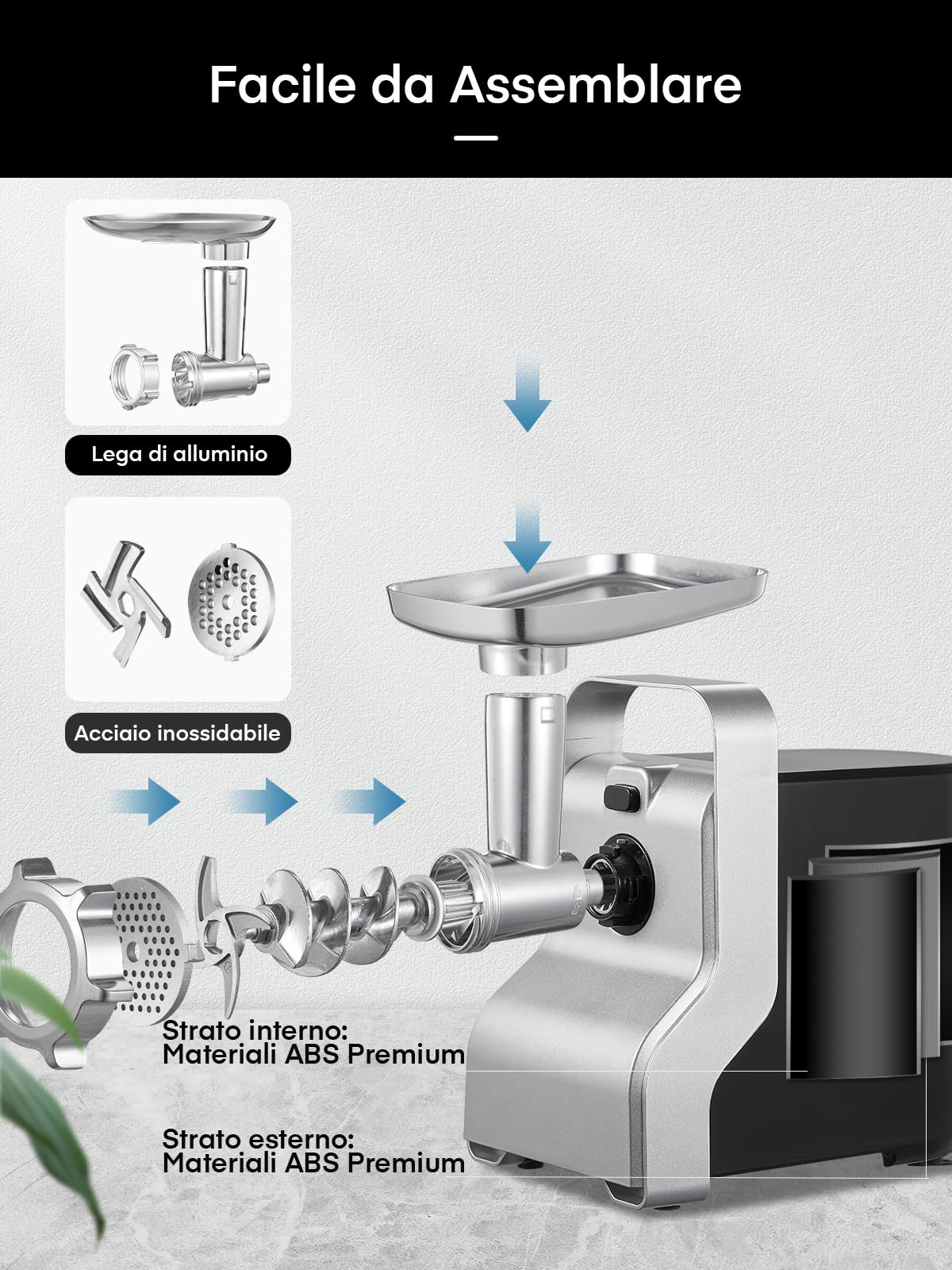 Tritacarne Elettrico Professionale, 2800W Max Potenza di Bloccaggio, HOUSNAT 5 in1 Tritacarne Elettrico, 3 Piastre di Macinazione in Acciaio Inox, perCarne, Salsiccia, Kebbe, Verdure, Salse, Nero