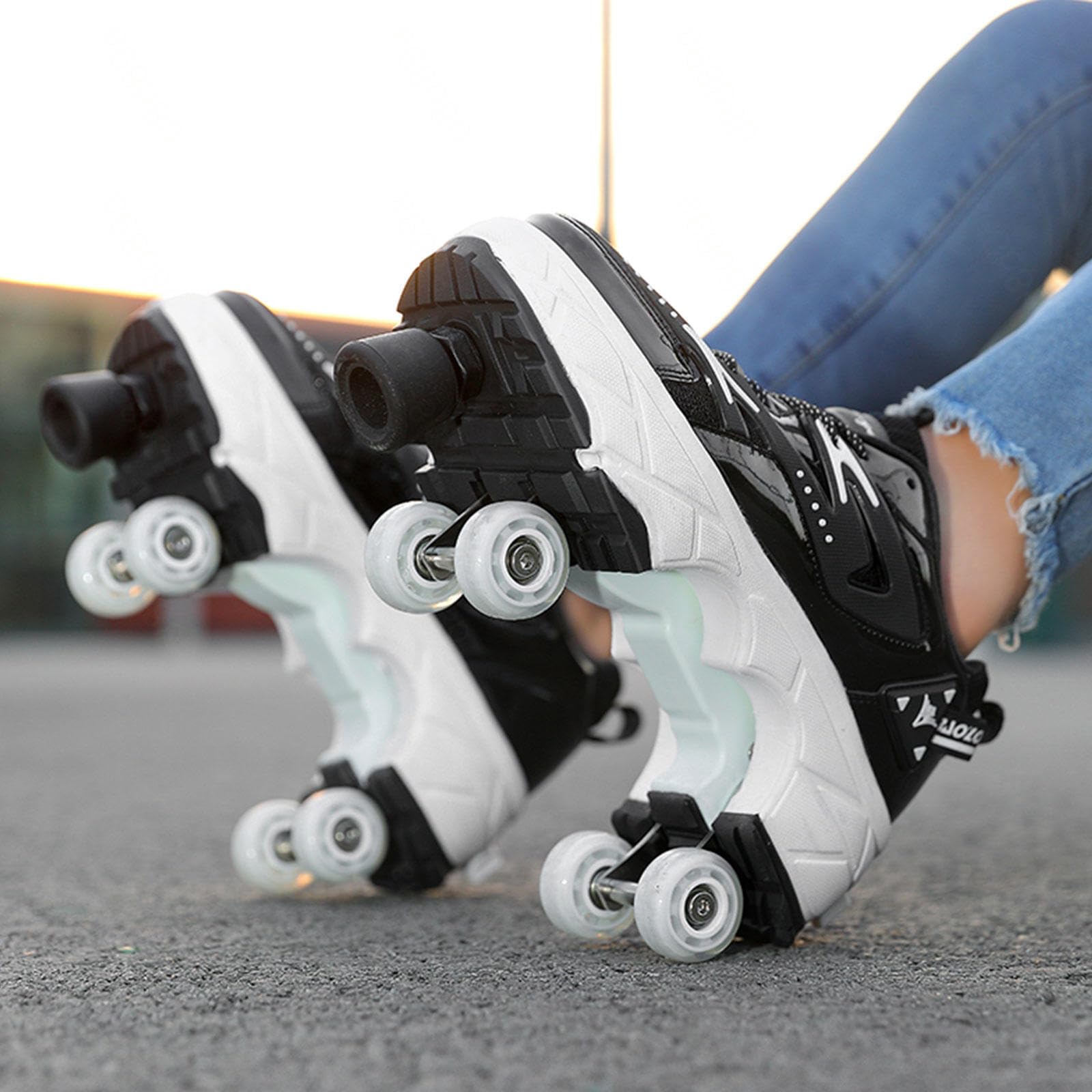 Chaussures De Patins À roulettes Unisexes Chaussures Déformées Multifonctionnelles 2 en 1, Chaussures Parkour pour Adultes/Enfants, Chaussures À roulettes pour Cadeau Débutant,White1-37EU