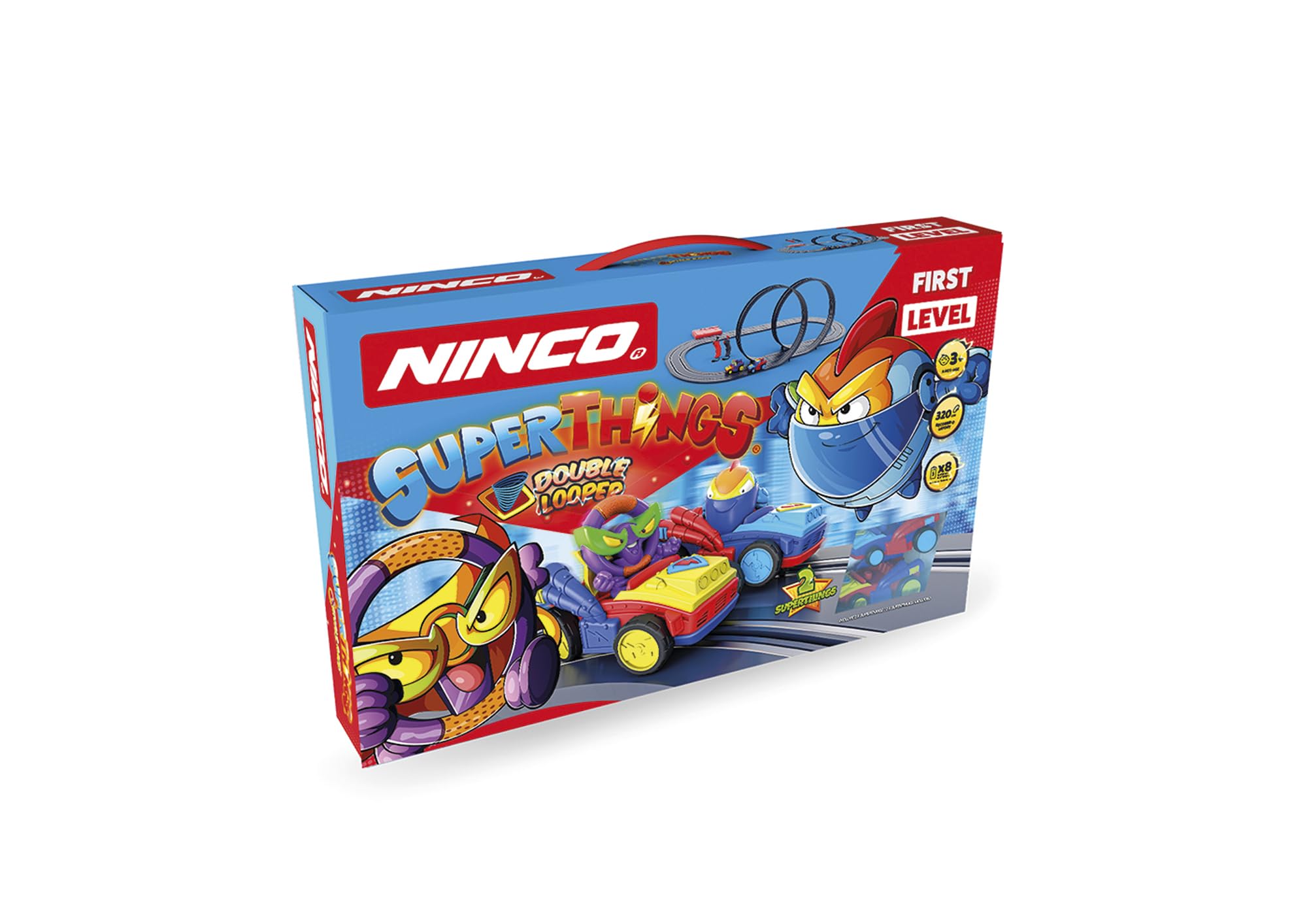 Ninco - Superthings Double Looper | Circuito di slot su scala 1/50 e 320 cm | Include due veicoli Speed Jumper, con 2 personaggi Hellmut Speed e Wheelzag | A partire da 3 anni (91018)